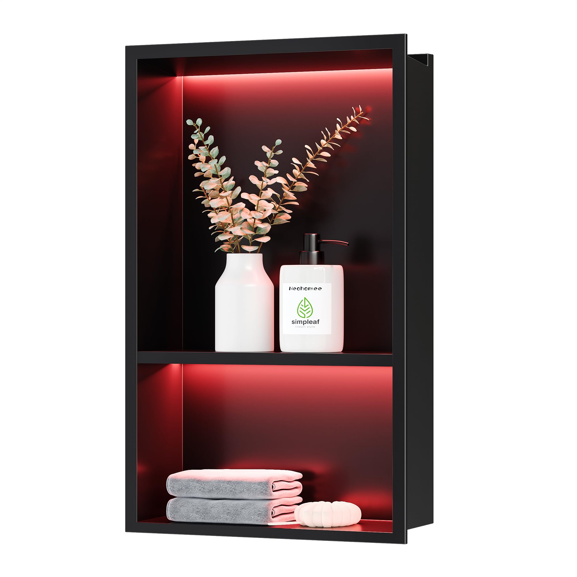 Neohomee 2-Tiers 12x18Inch Wall Niche with RGB LED Light Strips, Matte Black Shower Niche Cabinet, Stainless Steel Bathroom Shelf, NO Tile Needed Recessed Niche Storage Organizer, 80846220