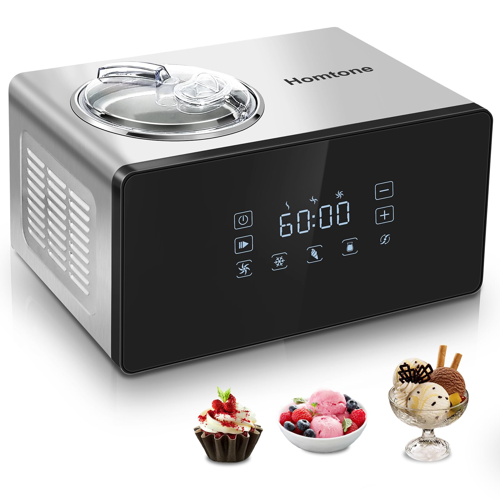 Homtone Ice Cream Maker Fully Automatic with Compressor, 4 Modes, Adjustable softness, Adjusted Speed 1.6 Quart Ice Cream + Yogurt Maker, LCD Touch Screen Homemade Soft & Hard Ice Cream Machine
