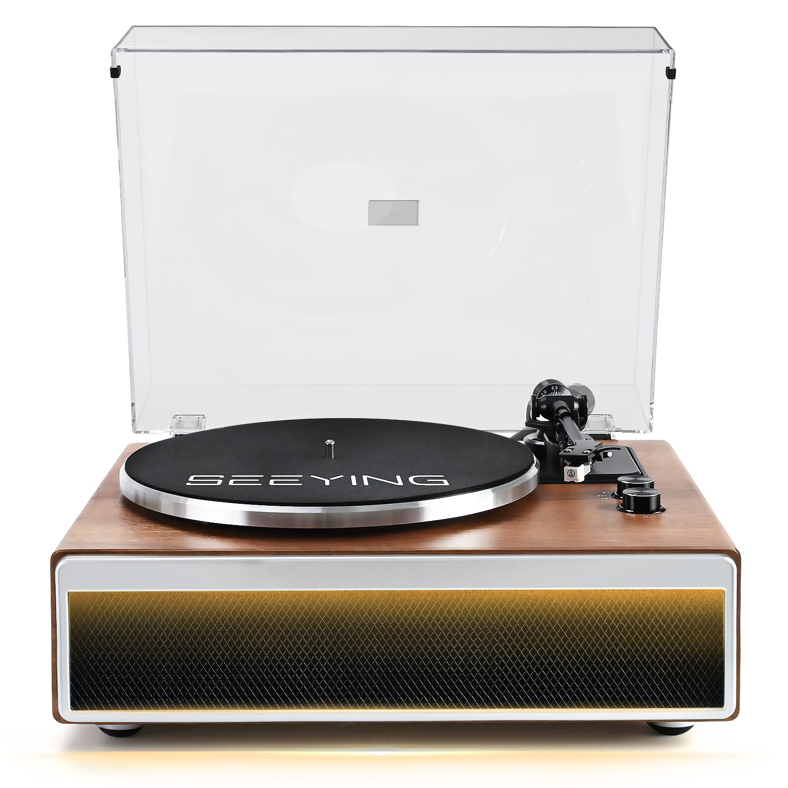 SeeYing Vinyl Record Player with Built in Stereo Speakers Bluetooth Turntable for Vinyl Records with Magnetic Cartridge Belt Drive 2-Speed Hi-Fi System with Phono Preamp, Aux-in and Warm Light Design