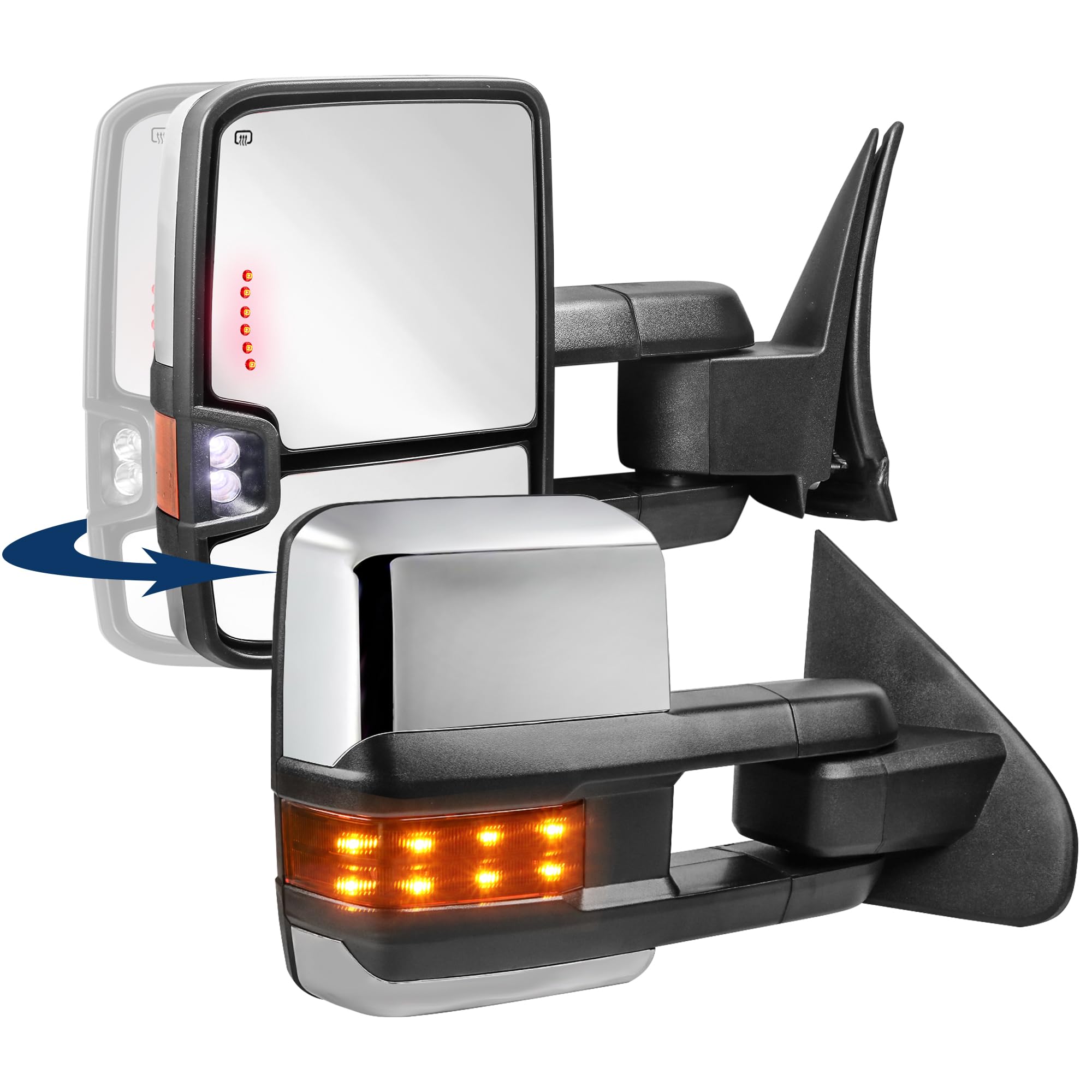 KUIPERAUTO Power Folding Towing Mirrors Power Heated Compatible for 2014-2019 Chevy Silverado 1500 2500 3500 HD/GMC Sierra w/Turn Light,Amber Running light, Extended Pair Set Chrome