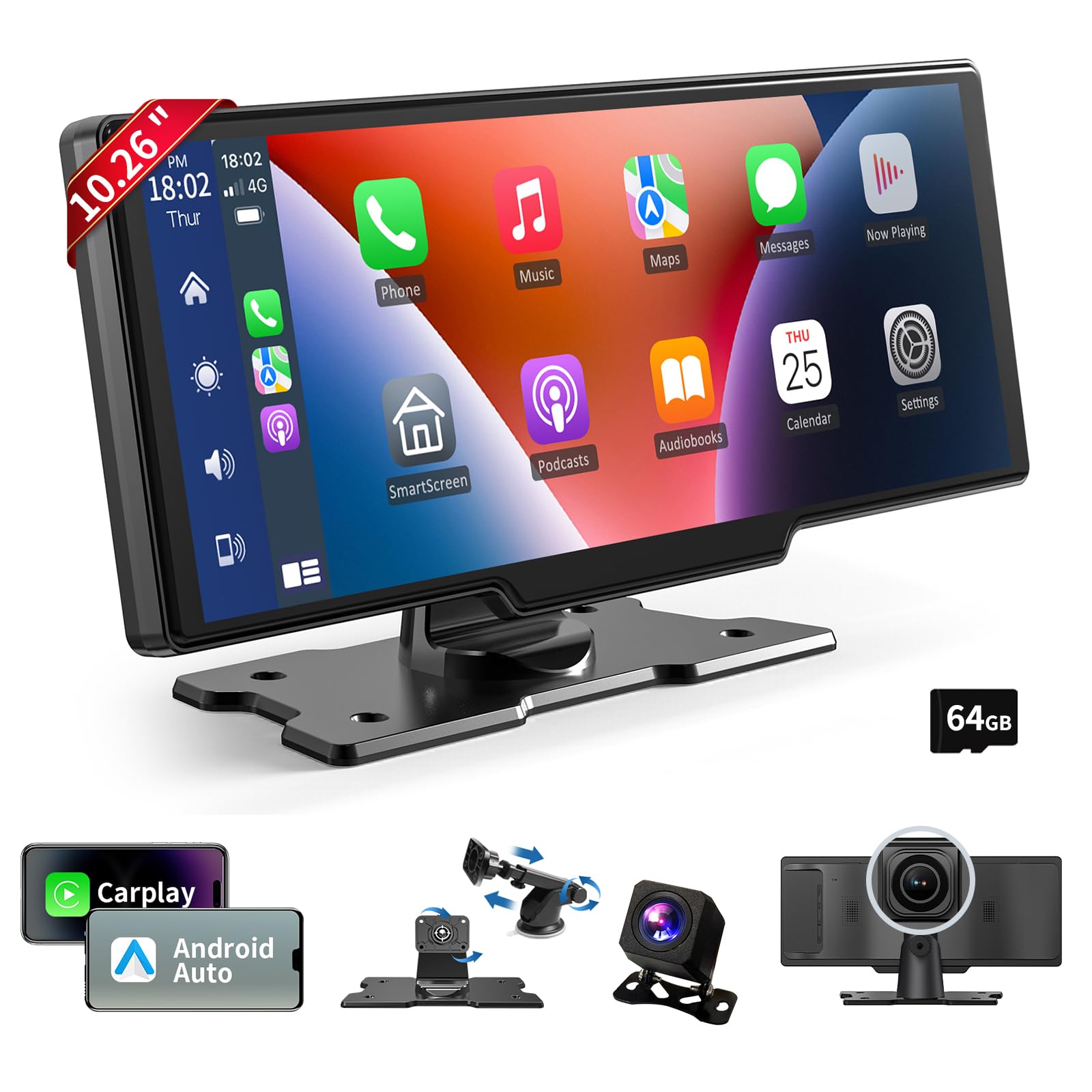 Wireless Carplay Screen for Car, 10.26" HD Carplay and Android Auto Touch Screen, Portable Car Tablet with 4K Dash Cam, Audio Receivers with Backup Camera, GPS Navigation, Voice Control, Mirror Link