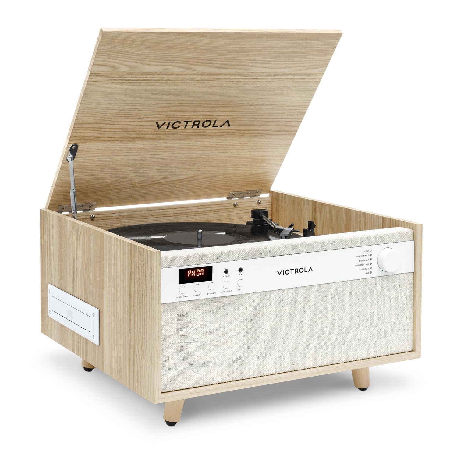 Victrola Century 6-in-1 Vinyl Record Player & Music Center -3-Speed Turntable,CD & Cassette Player,VINYLSTREAM,Bluetooth & 3.5mm Aux, Record Player with Speakers,Mid Century Design, Natural(Pack of 1)