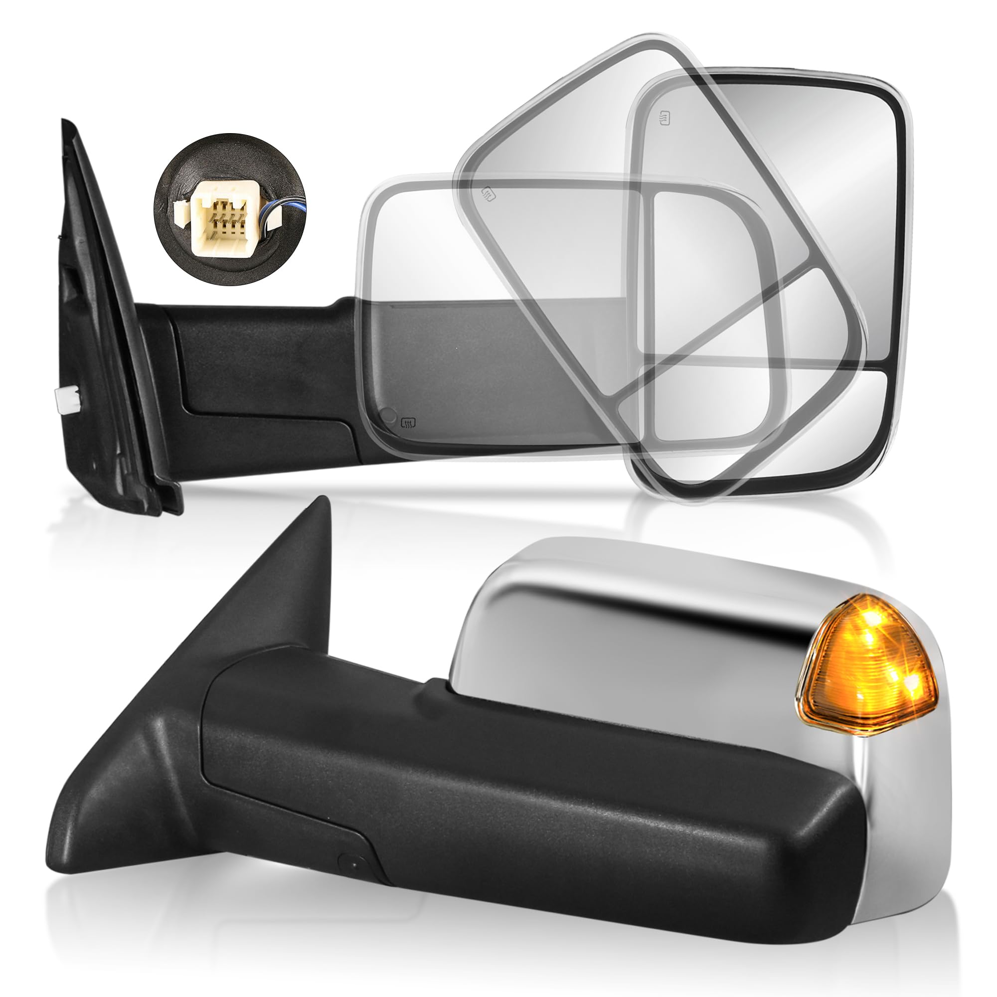 AUTOSTARSHIP Pair Power Heated Towing Mirrors Compatible for 2002-08 Dodge 1500, 2003-09 Ram 2500 3500 w/Turn Signal Side Tow Mirrors Extendable Flip Fold (Chrome)