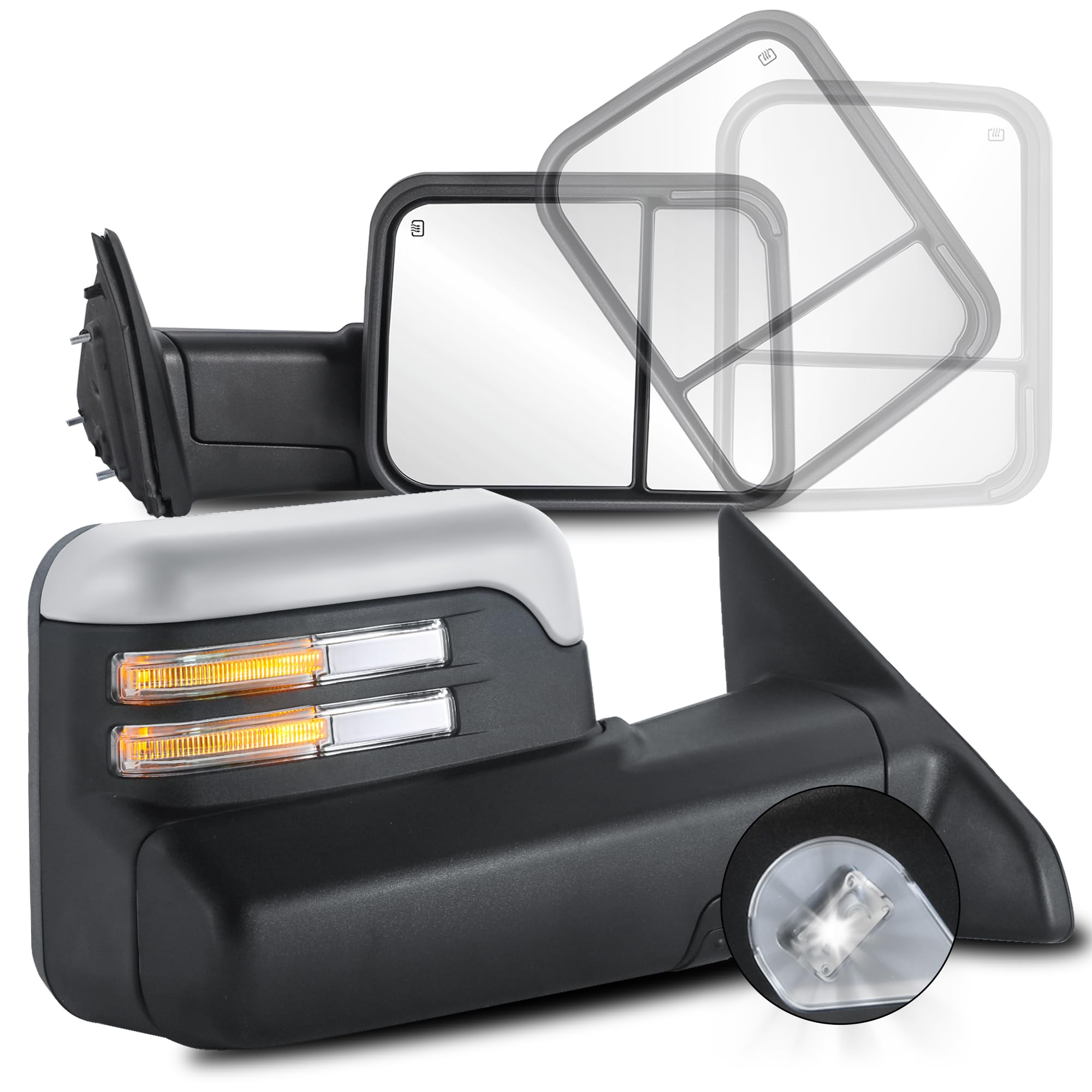 KUIPERAUTO Pair Chrome Power Heated Towing Mirrors Compatible for 2009-2018 Dodge Ram 1500 (19-24 Classic Only) Compatible for 2010-2018 2500 3500 Bar Light