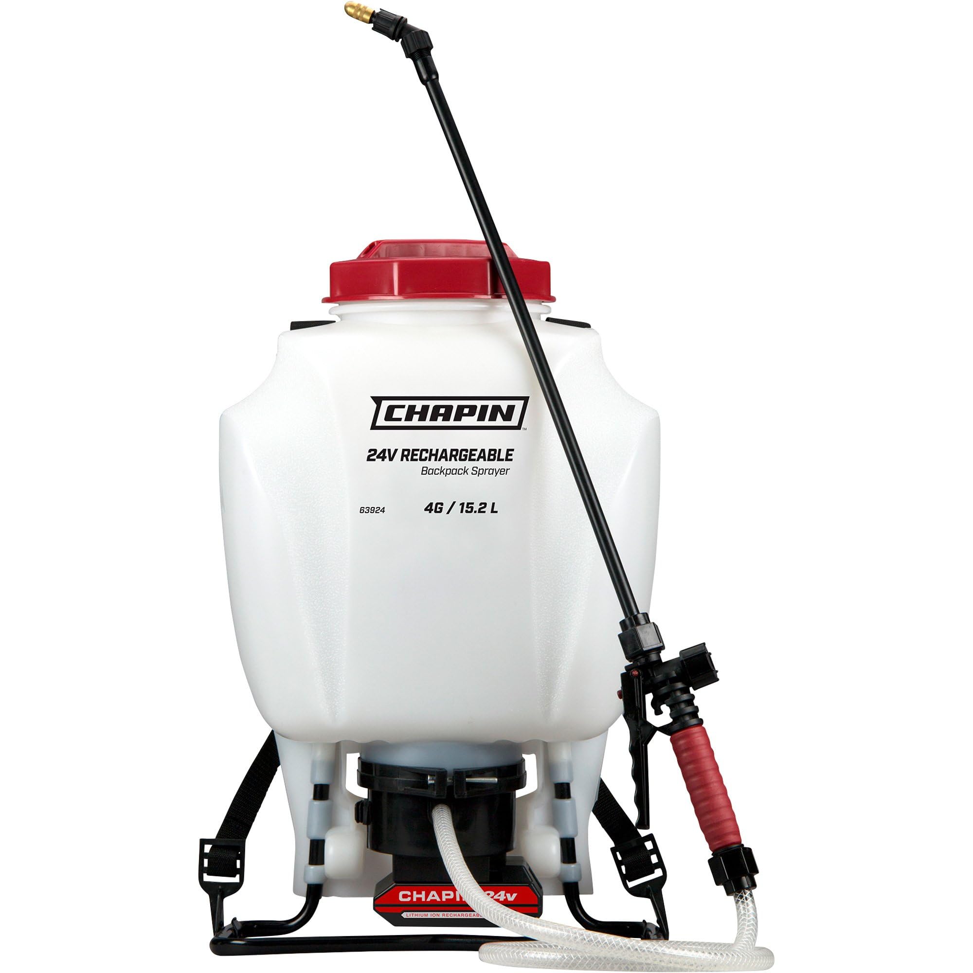 Chapin International 63924 4-gallon 24V Extended Spray Battery Backpack Sprayer, With Adjustable Brass Nozzle, 1-pack, Translucent White