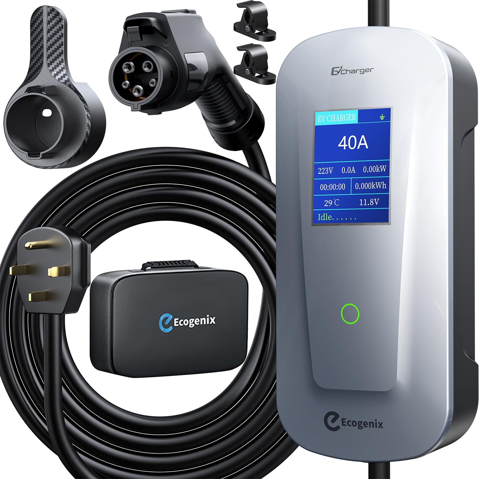 Ecogenix 2024 Level 2 EV Charger [40Amp, 240V, NEMA 14-50P] Portable Electric Vehicle Charging Stations with J1772 Connector and 25 ft Cable, Works with All J1772 EVs, for Home and Outdoor