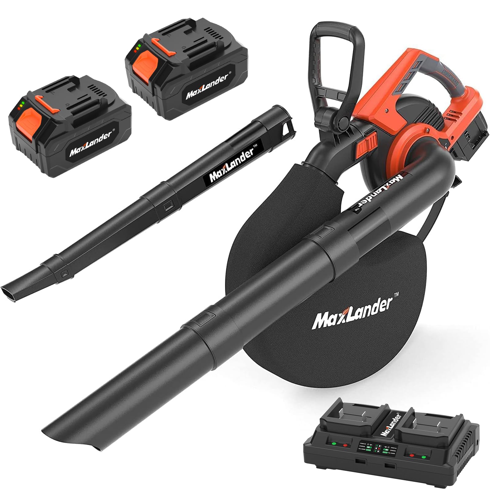 MAXLANDER Cordless Leaf Blower & Vacuum with Bag, 3-in-1 Brushless Battery Powered Leaf Vacuum Mulcher 40V 170MPH 360CFM 5 Speeds Leaf Blowers for Lawn Care 2x4.0Ah Battery & Charger Included
