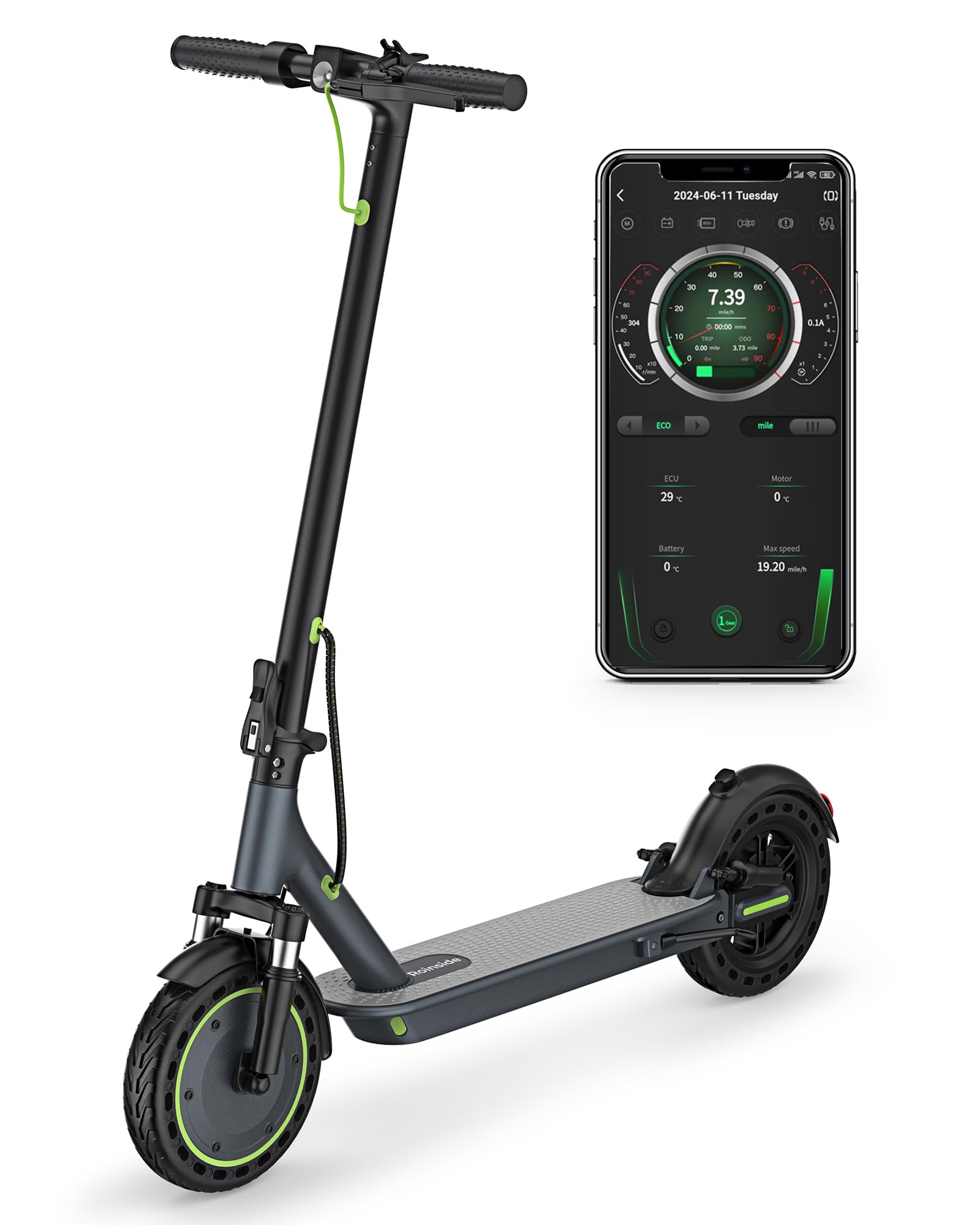 Roinside UP8 Pro Electrict Scooter with Quadruple Shock Absorption, Up to 19 MPH and 23 Miles Long-Range Portable Foldable Commuting Scooter for Adults with Double Braking System and App