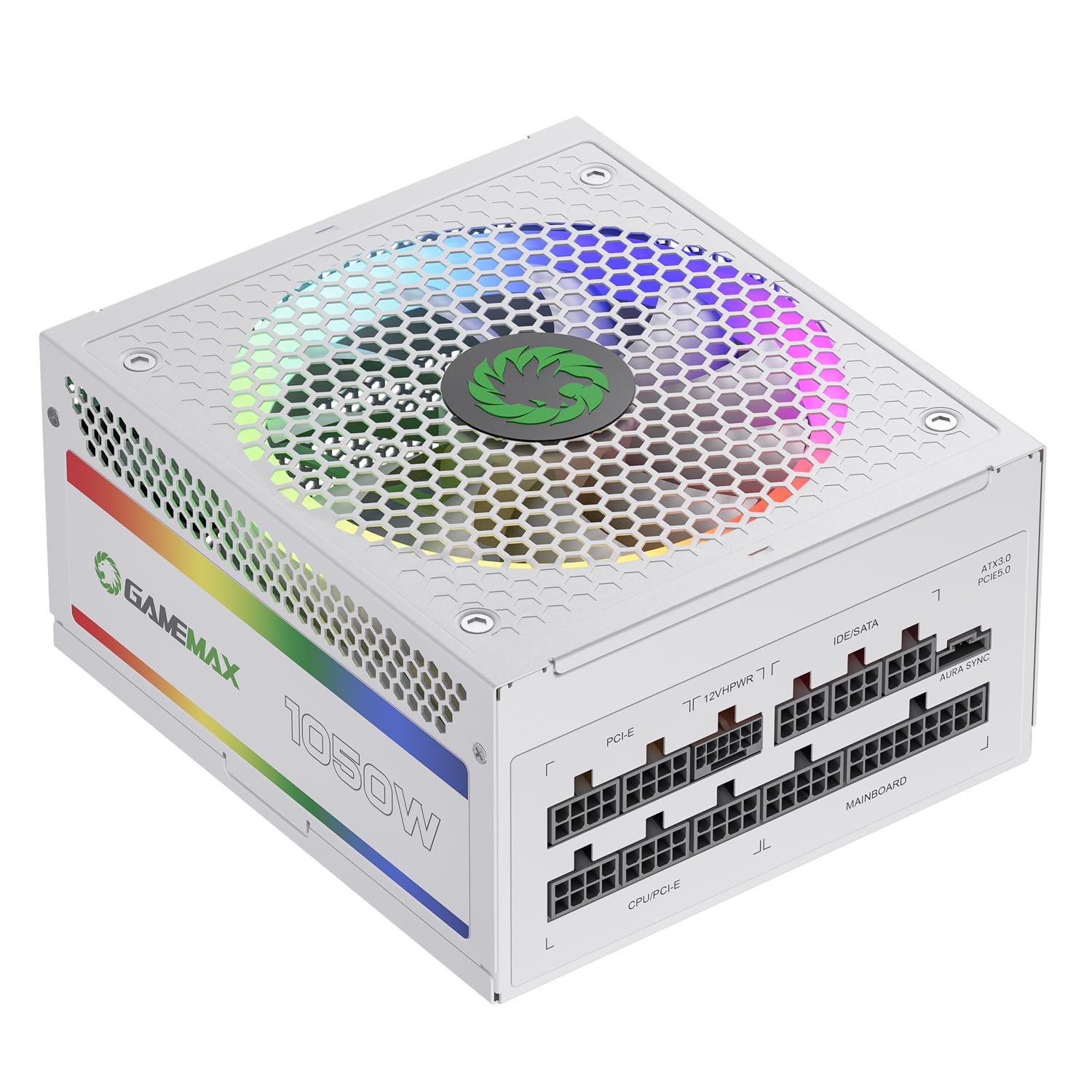 GAMEMAX 1050W ATX 3.0 & PCIE 5.0 Power Supply, 80+ Gold Certified, Addressable RGB with 5V Motherboard Sync, Fully Modular ATX Gaming Power Supply, 10 Year Warranty, RGB-1050, White Version