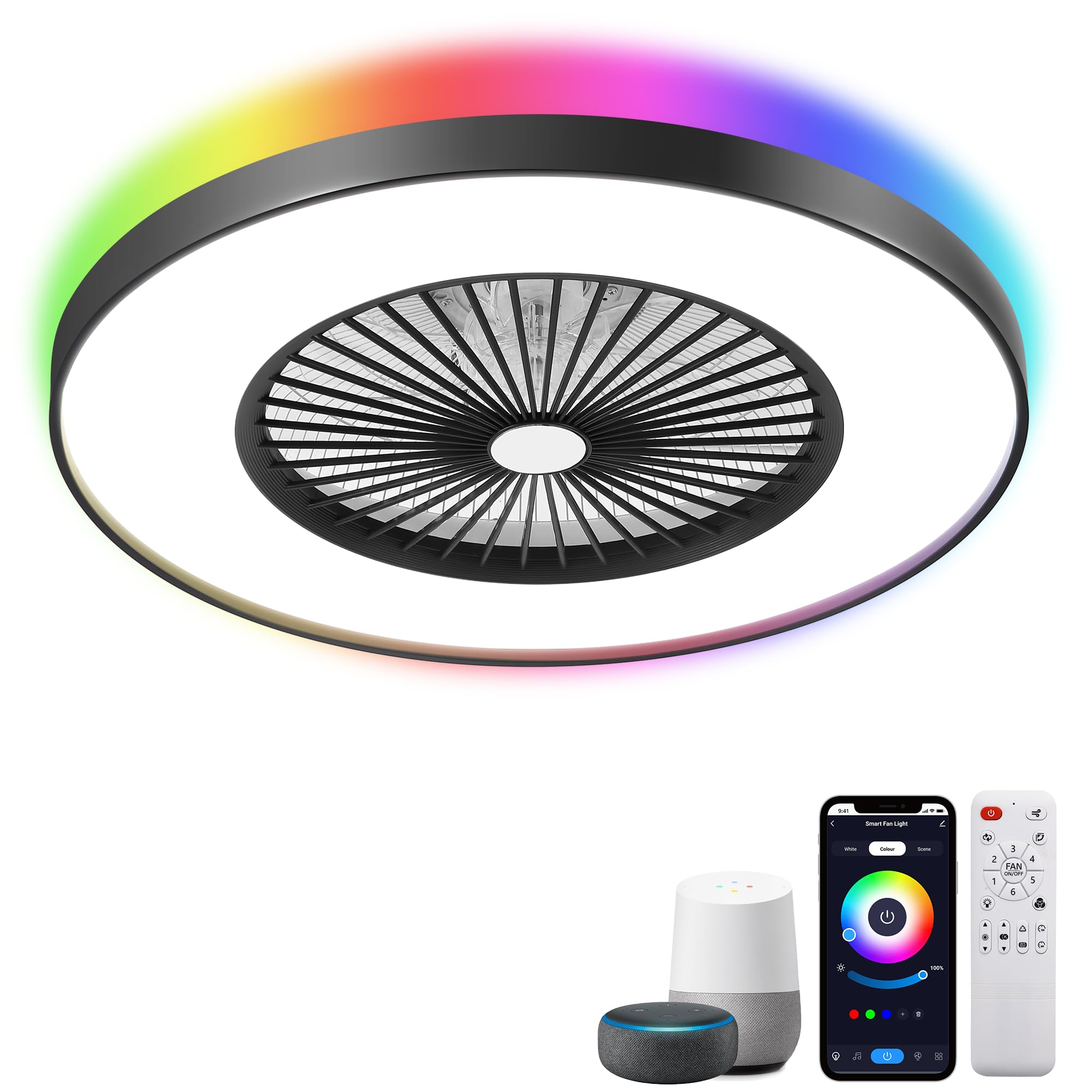 KAMLAM 24" Bladeless Ceiling Fan with Light, Low Profile Ceiling Fan with with Alexa, Remote/APP/Voice Control, Modern Flush Mount Ceiling Fans Dimmable Color Chaning LED-RGB Ambient Light Black