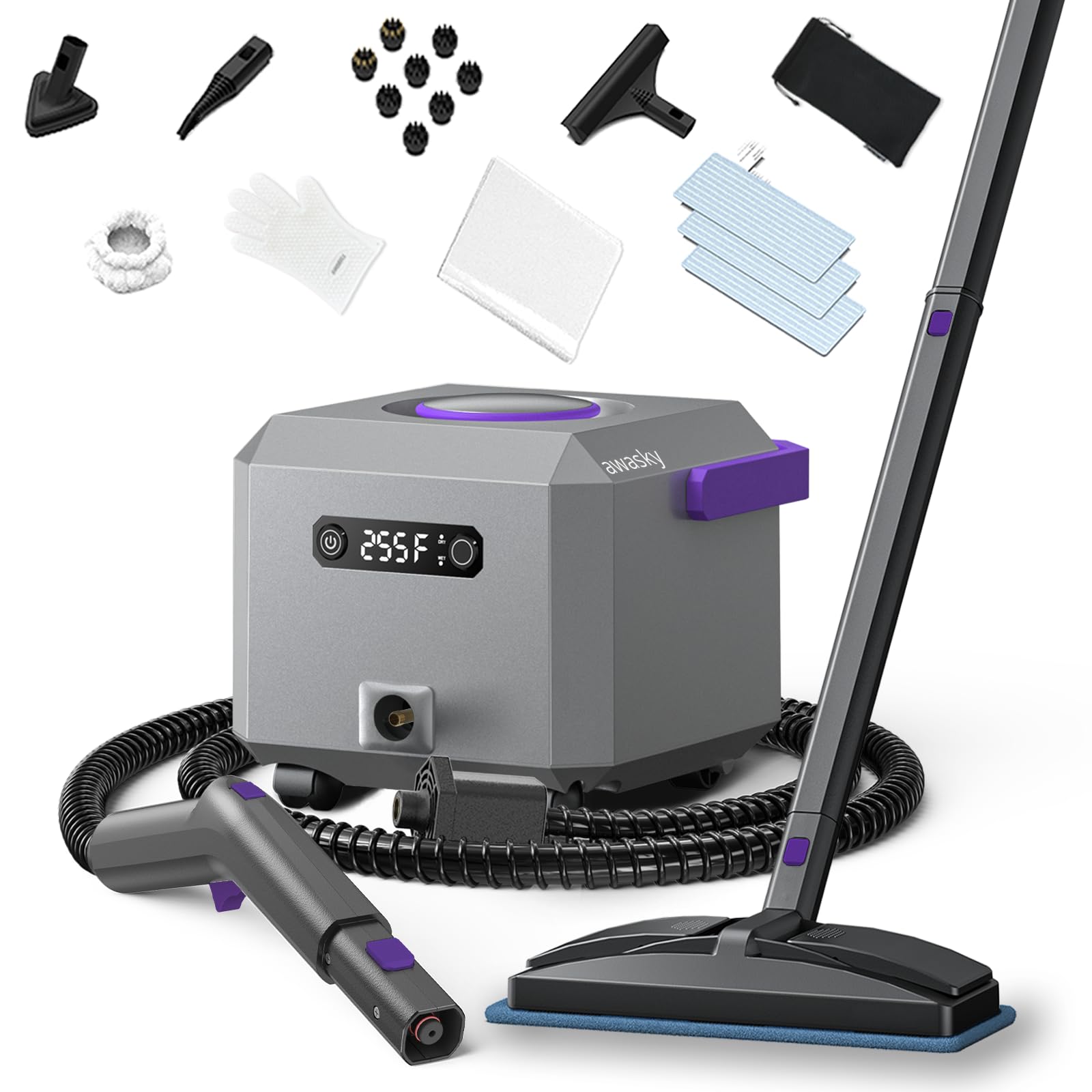 awasky Steam Cleaner: Fast 50-Sec Heat-Up-21-Piece Kit-Refill Anytime-No Cooling-Detachable Hose Multipurpose Steamer Mop for Home Use Car Upholstery Bed Tile Grout Floor Bathroom Cleaning Grey