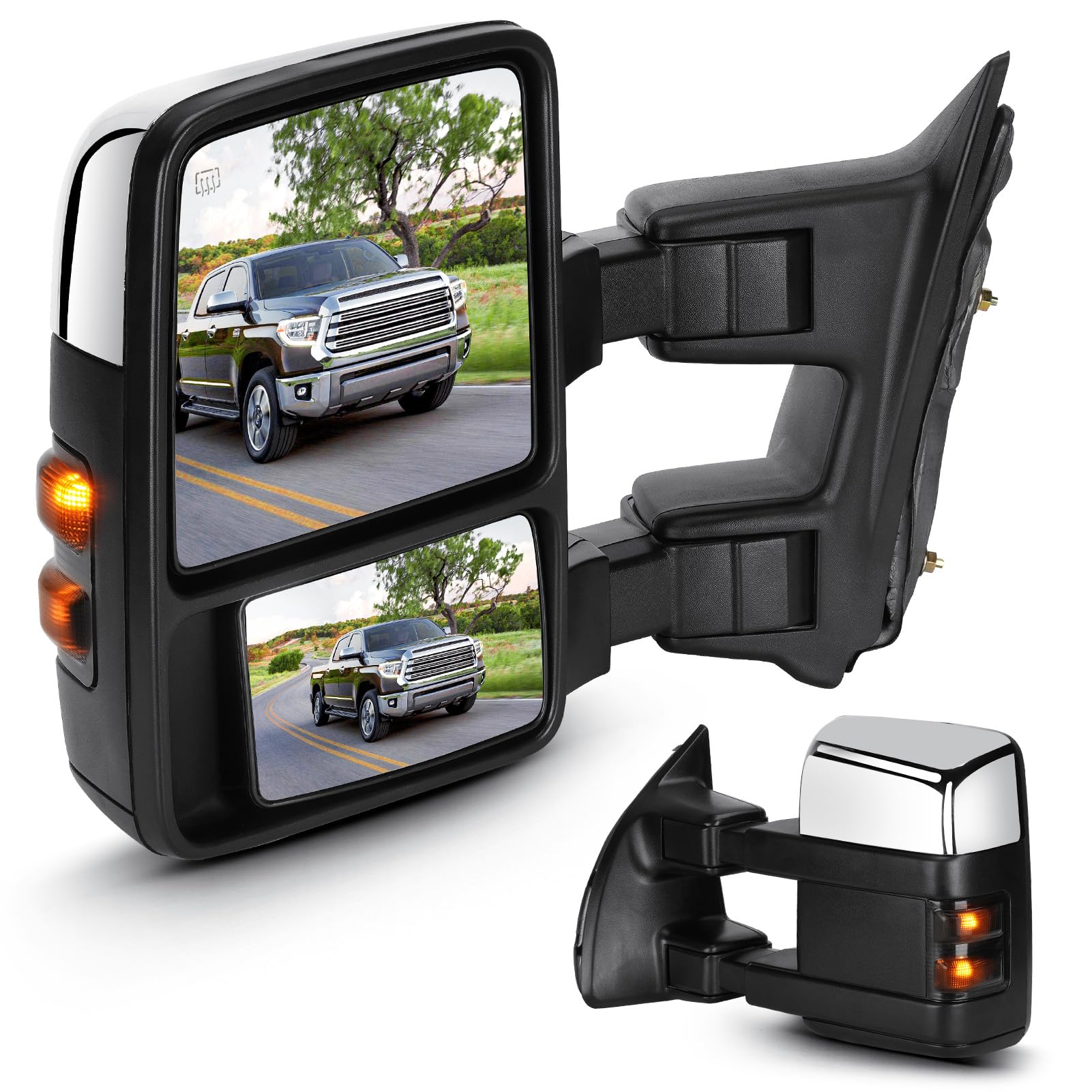 Towing Mirrors Chrome for Ford F-250 F-350 Super Duty 2008-2016 Power Heated with Turn Signal Manual Folding Telescoping (1 Pair)