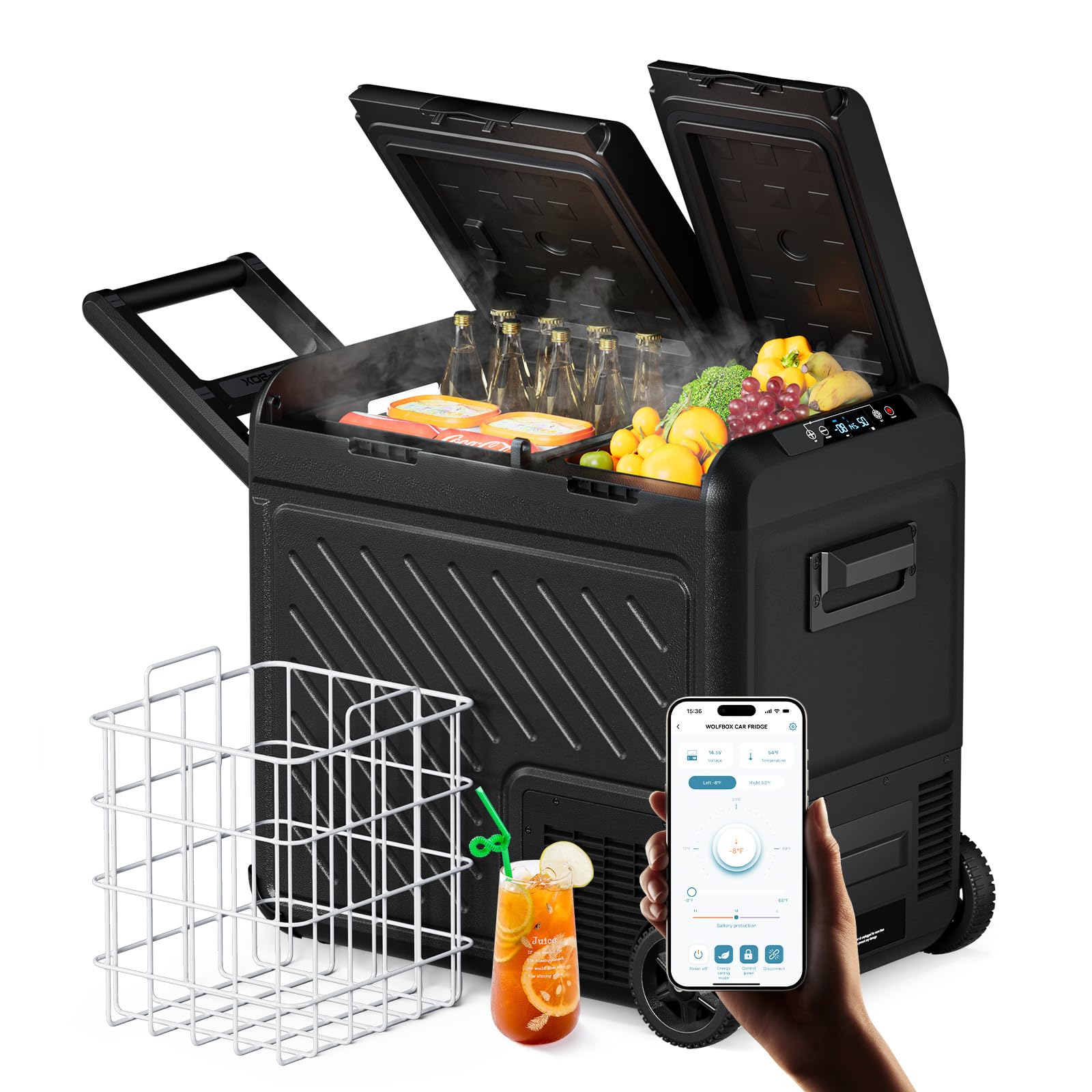 WOLFBOX 12V Car Refrigerator, 58 Quart Dual Zone Car Fridge, Portable Freezer(-8℉~68℉) with 12/24V DC 100/240V AC, APP Control Electric Cooler for Car, RV, Camping, Travel and Home Use