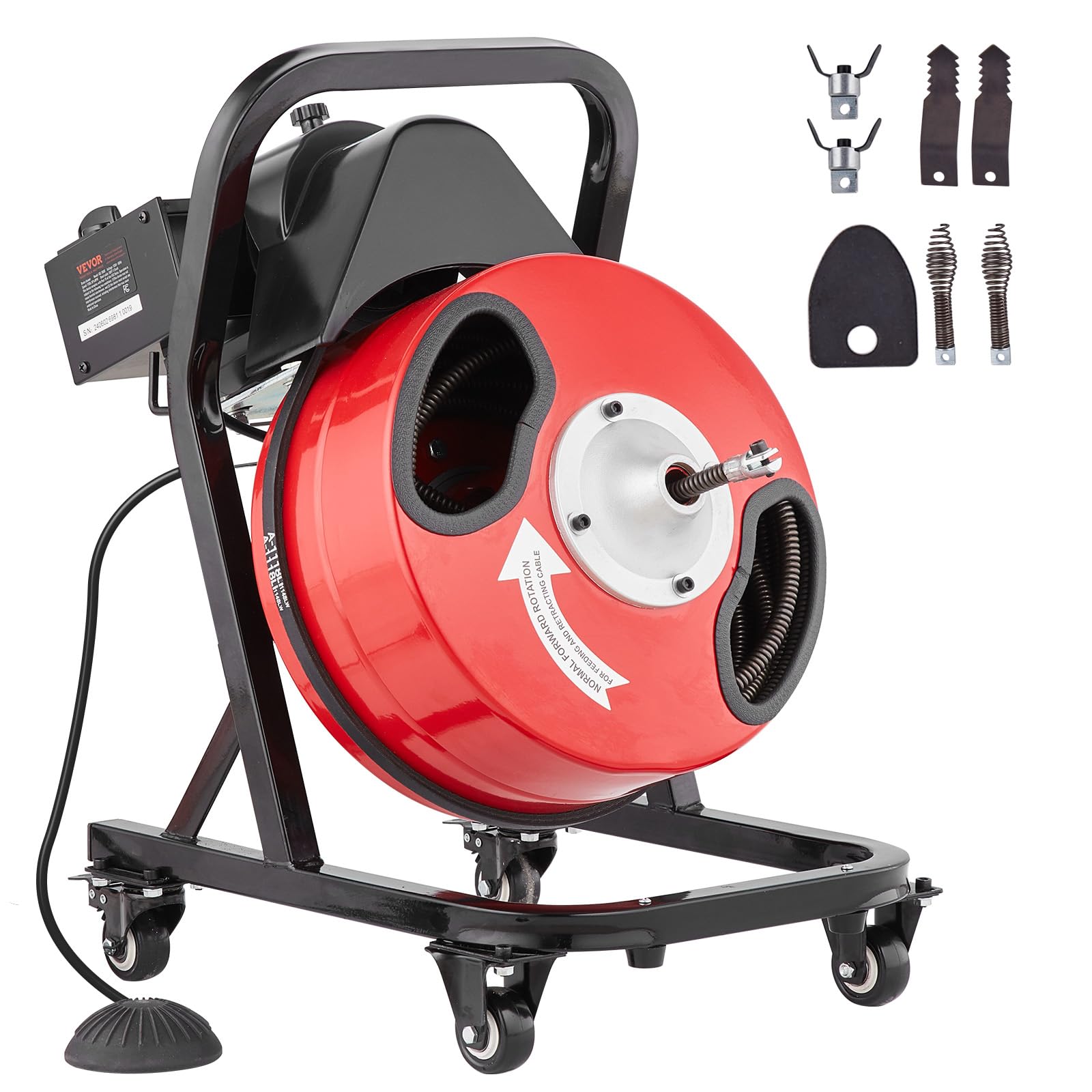 VEVOR Drain Cleaner Machine 50FT x 1/2 Inch, Manual Feed Sewer Snake Auger - with Wheels, 4 Cutters & Air-activated Foot Switch for 2" to 4" Pipes