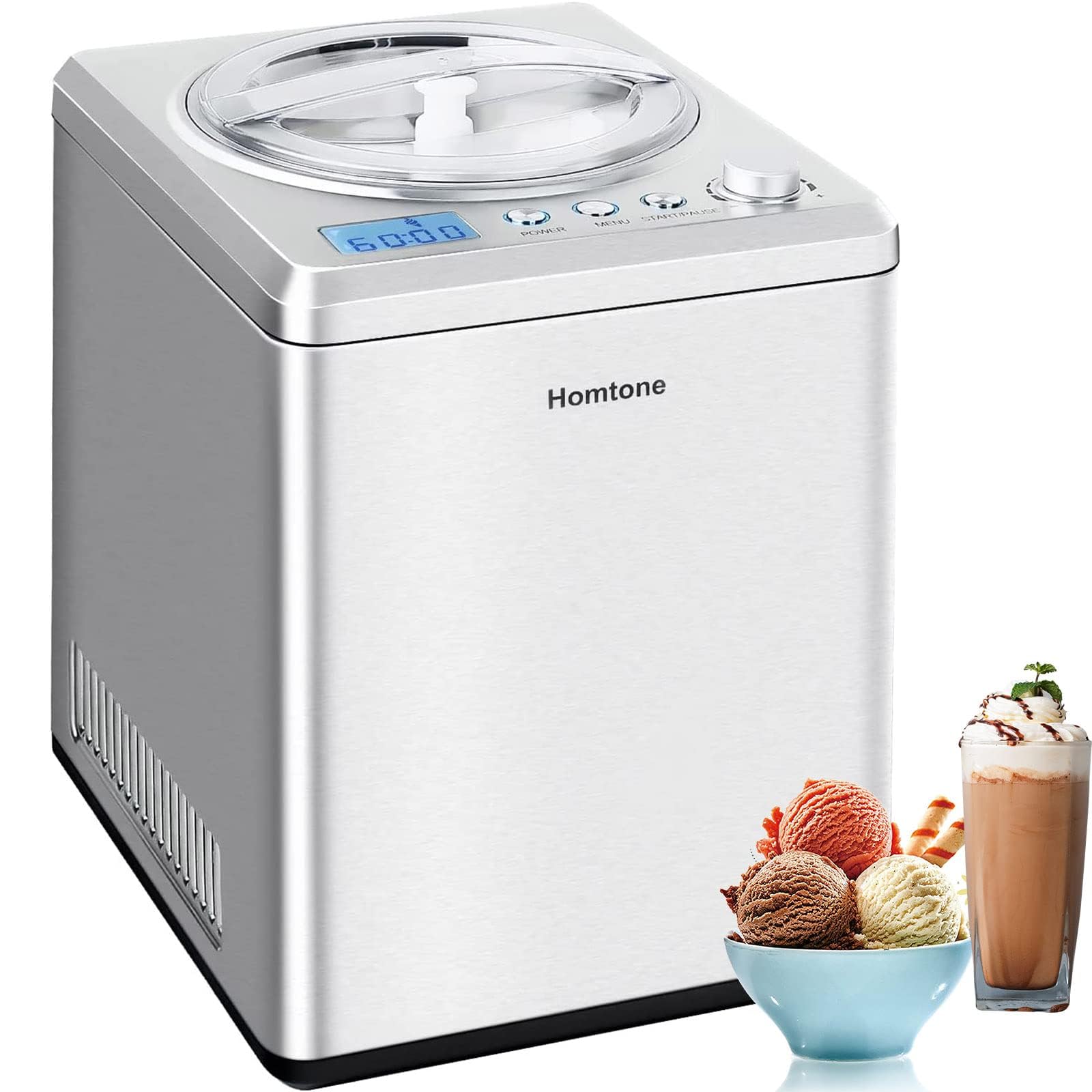 Homtone Ice Cream Maker 2.64 Quart for Making Homemade Soft Ice Cream,Gelato,Sorbet within 60 min,Keep Cooling for 2H,No pre-Freezing Automatic Ice Cream Machine with Compressor