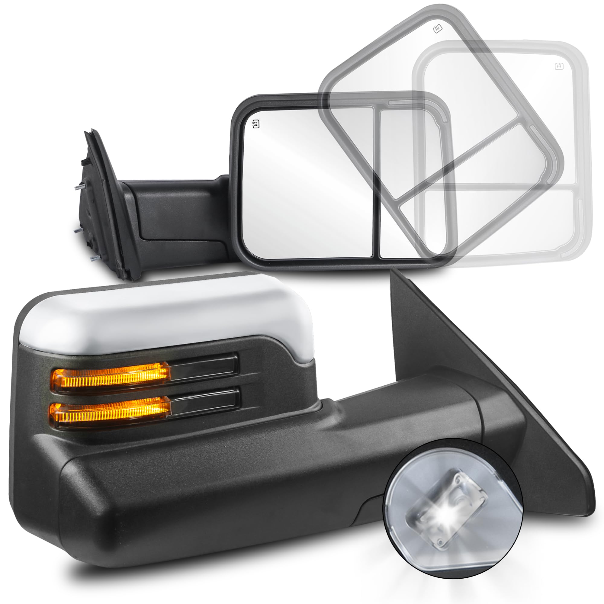 KUIPERAUTO Pair Chrome Power Heated Towing Mirrors Compatible for 2019-2024 Dodge Ram 1500 only (Not fit classic), Puddle Lamp Smoked Lens Amber Turn Signal LED Bar Light