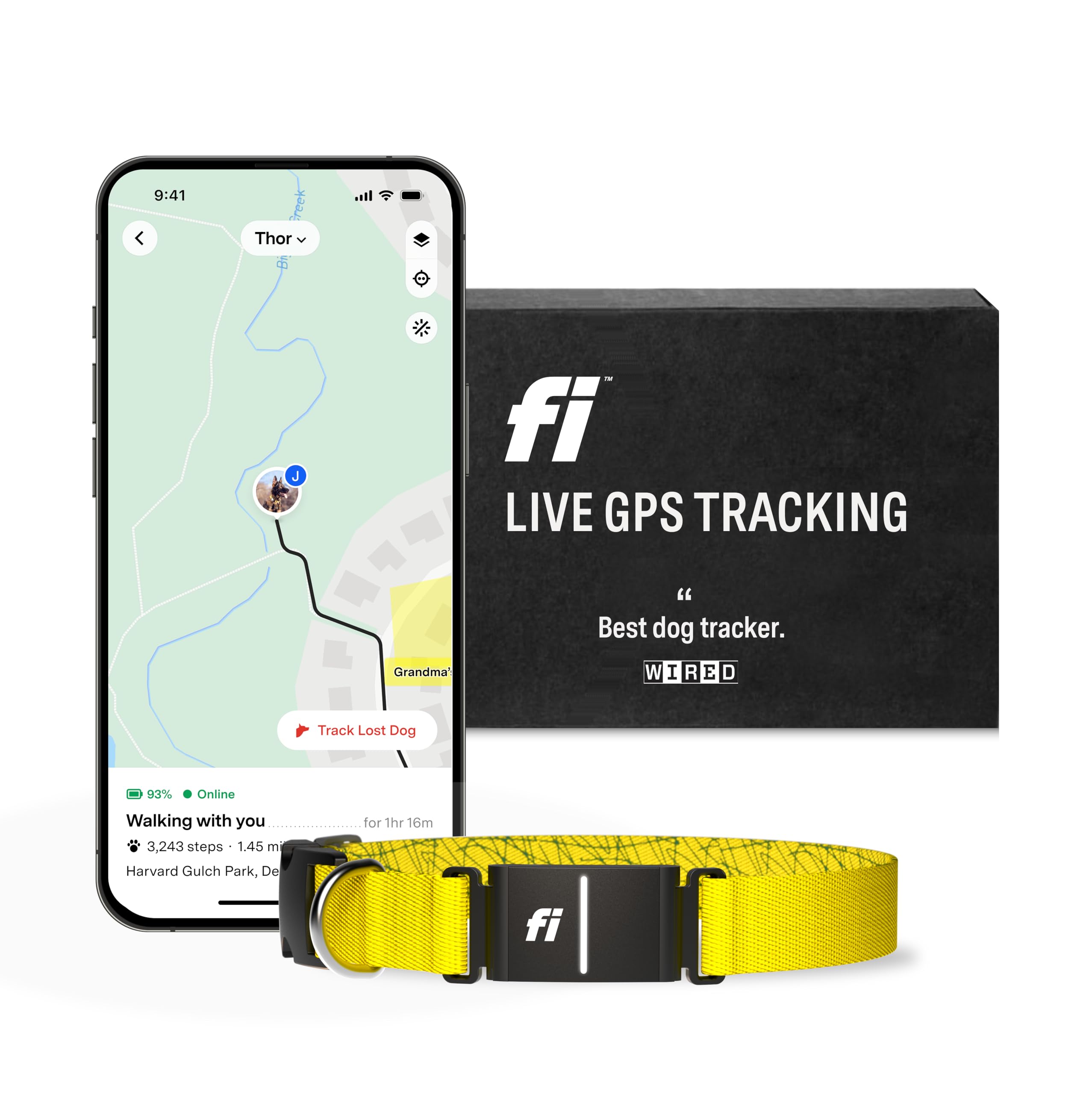 Fi Series 3 Smart Dog Collar - GPS Dog Tracker and Activity & Health Monitor, Waterproof, LED Light, Escape Alerts, Nationwide Coverage [Free 1 Year Membership] (Yellow, Small)