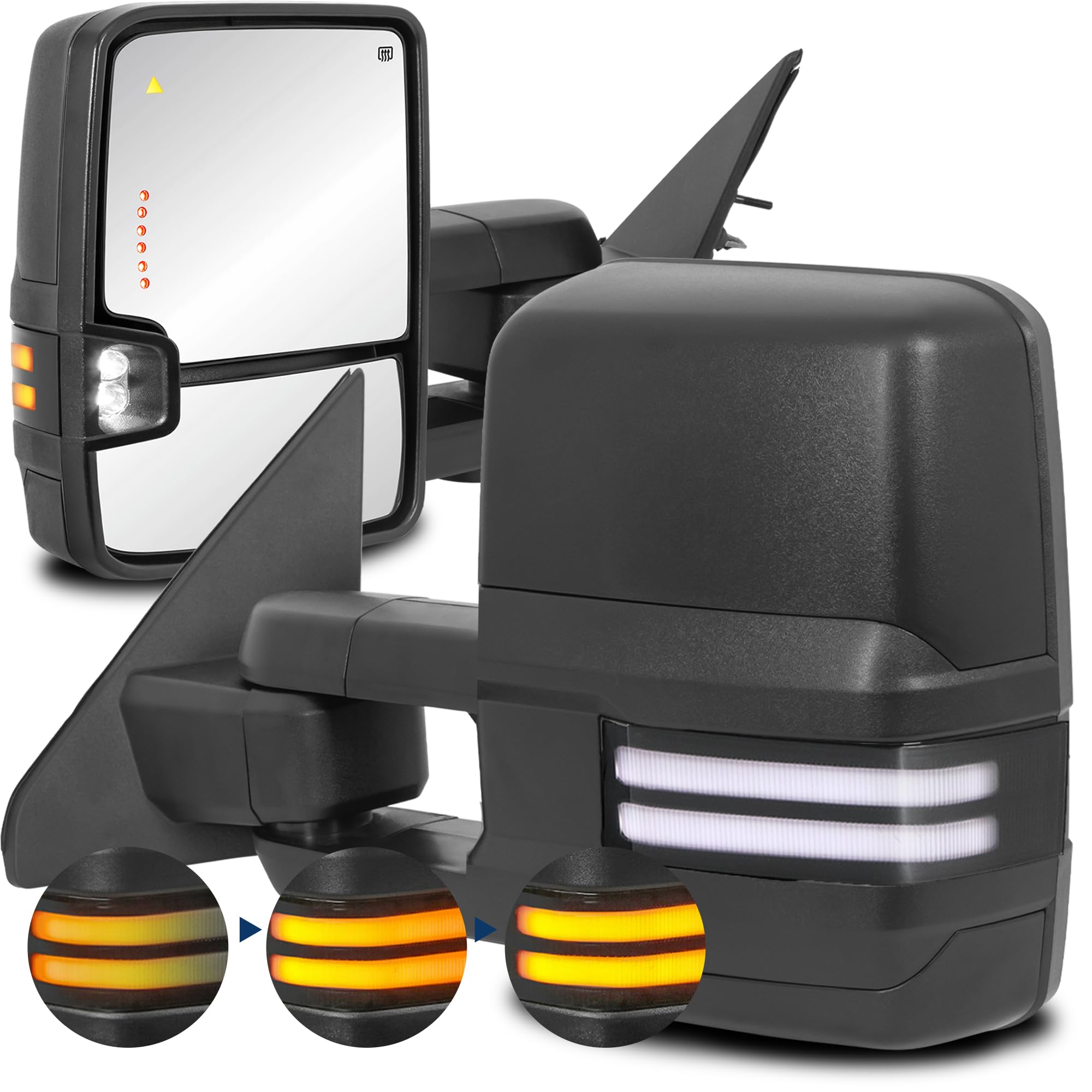KUIPERAUTO 2PCS Black Towing Mirrors Power Heated Compatible for 2019-2024 Ram 1500 w/Dynamic Turn light, Puddle light,White DRL,BSM