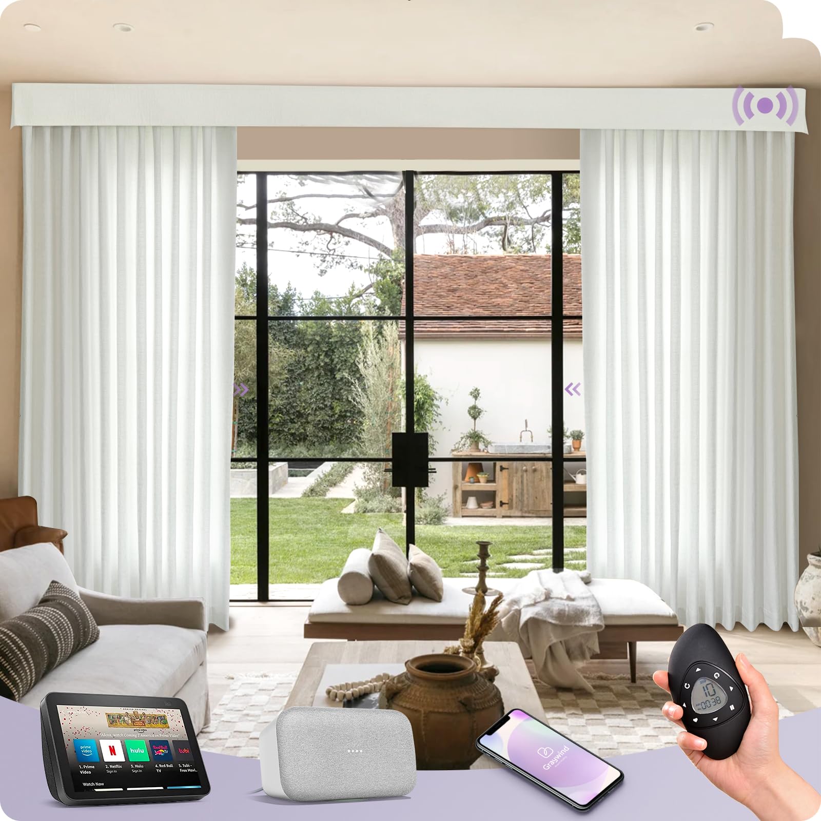 Graywind Hardwired Smart Curtains Compatible with Alexa Google Remote Control Motorized Drape for Sliding Door One-Way or Split Draw, Custom Width to 220" (Pure White)