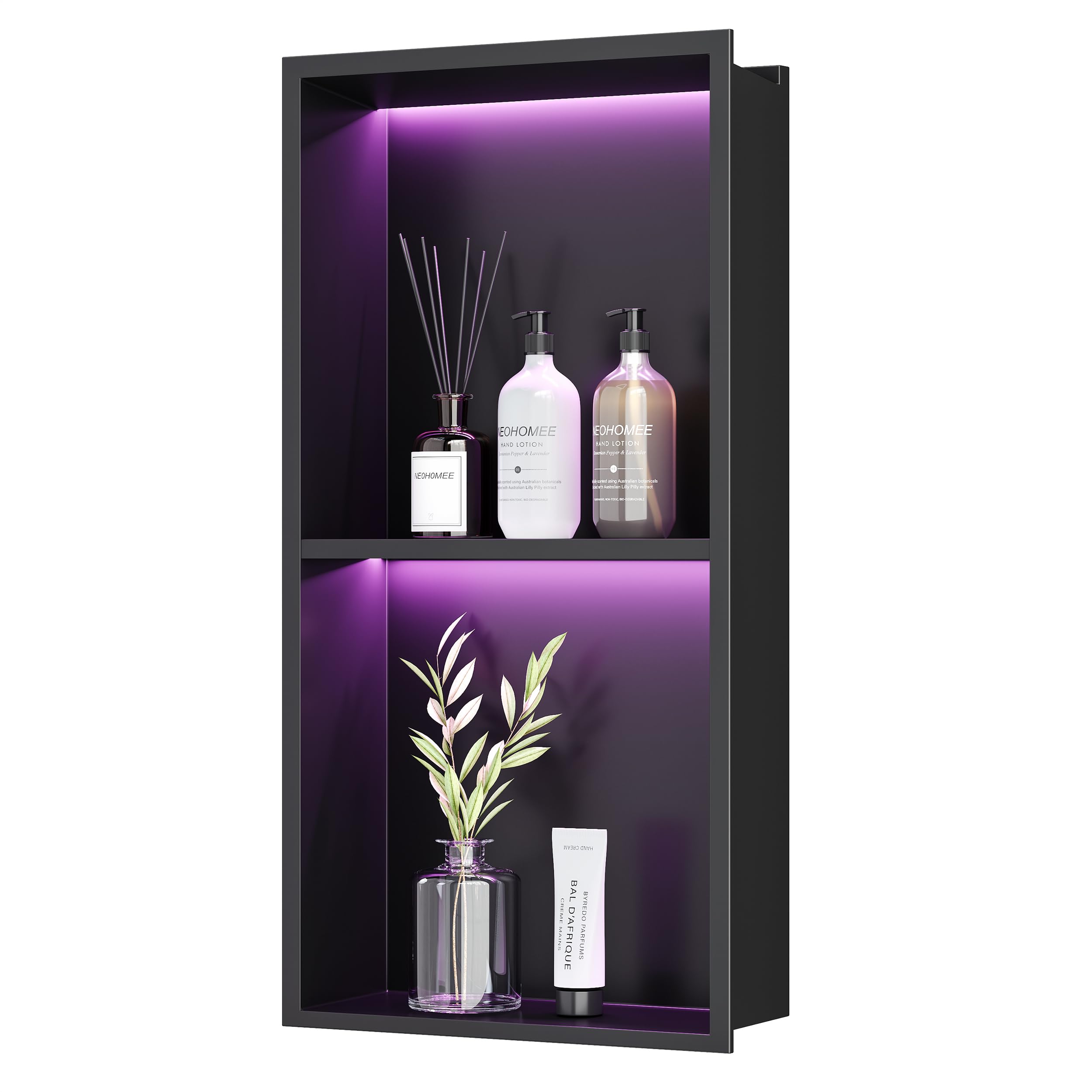 Neohomee 2-Tiers 12x24 Wall Niche with RGB LED Light Strips, Matte Black Shower Niche Cabinet, Stainless Steel Bathroom Shelf, NO Tile Needed Recessed Niche Storage Organizer