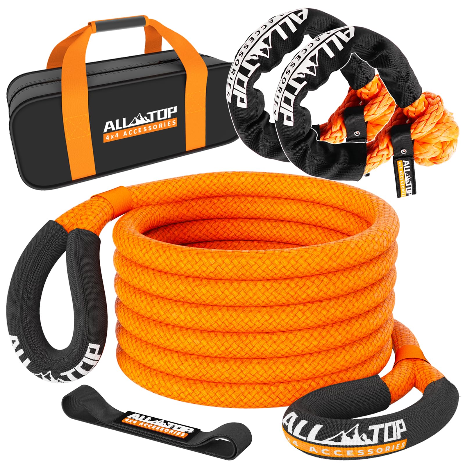 ALL-TOP Kinetic Recovery Rope Kit w/ 2 Soft Shackles, 48000Lbs, 1in x 30ft, Heavy Duty 30+% Elasticity, 16000Lbs Work Load Limit