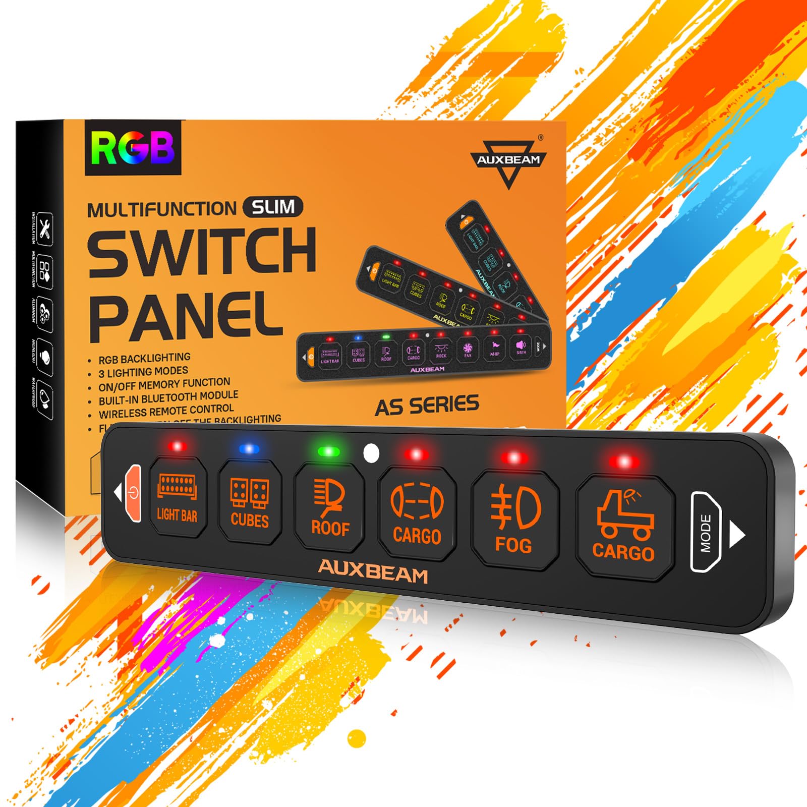 Auxbeam 6 Gang Slim Switch Panel RGB AS-R60 Automatic Dimmable Switch Panel with Toggle Momentary Pulsed LED Switch Pod Off Backlight 12-24V for Truck Offroad Car Boat Waterproof, 2-Year Warranty