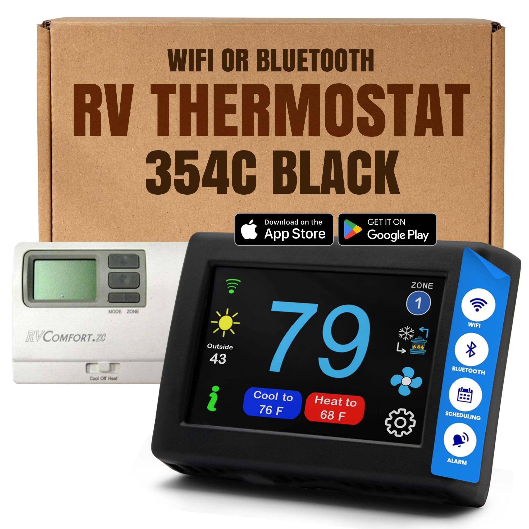 MICRO-AIR EasyTouch RV Touch Screen Thermostat with WiFi and Bluetooth - RV Thermostat for Air Conditioner and Heating - Programmable, Compatible with Coleman HVAC (354C Black)