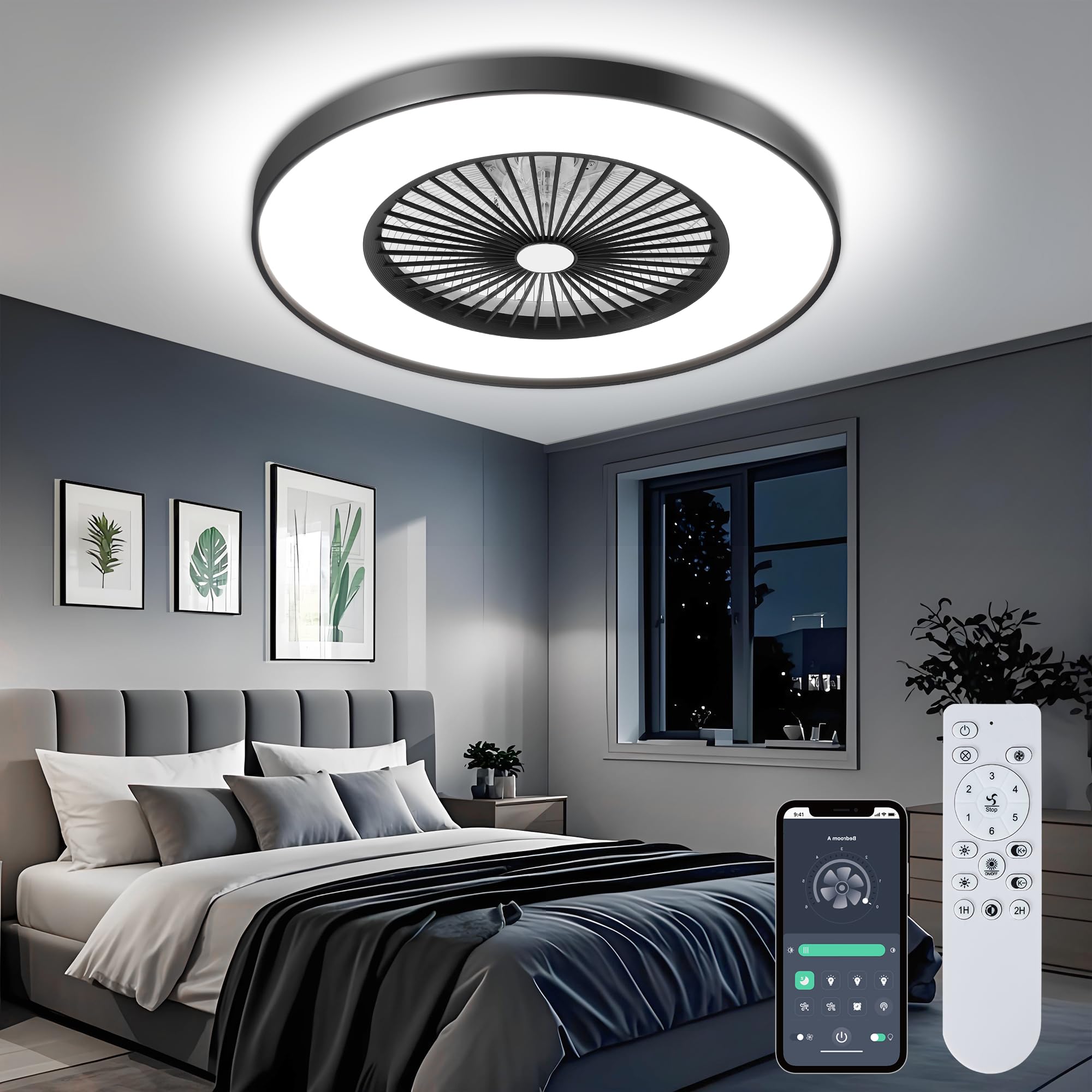 KAMLAM 24" Bladeless Ceiling Fan with Light, Low Profile Ceiling Fan, Modern Flush Mount Ceilings Fans with Remote & APP Control, Enclosed Ceilings LED Dimmable Lighting Black