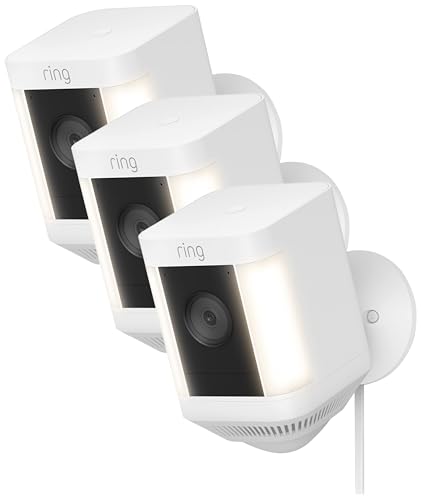 Introducing Ring Spotlight Cam Plus, Plug-In | Two-Way Talk, Color Night Vision, and Security Siren (2022 release) | 3-pack, White