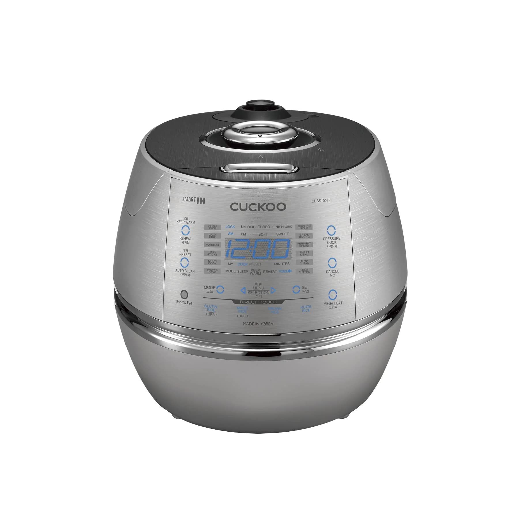 Cuckoo CRP-CHSS1009FN 10 Cup Induction Heating Pressure Rice Cooker, 19 Menu Options, Stainless Steel Inner Pot, Made in Korea, Silver