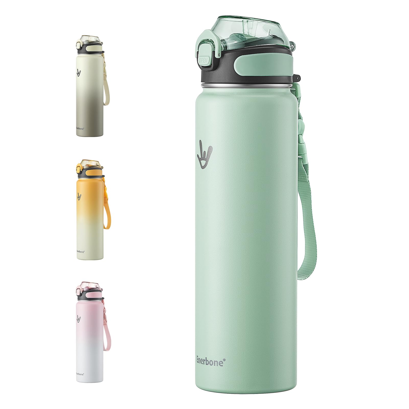 Enerbone Insulated Water Bottle, 32 oz Stainless Steel Water Bottles with Carrying Strap, Double-Wall Vacuum Insulation Thermos, Leakproof Sports Bottle with Straw, Keep Drinks Hot or Cold for Hours