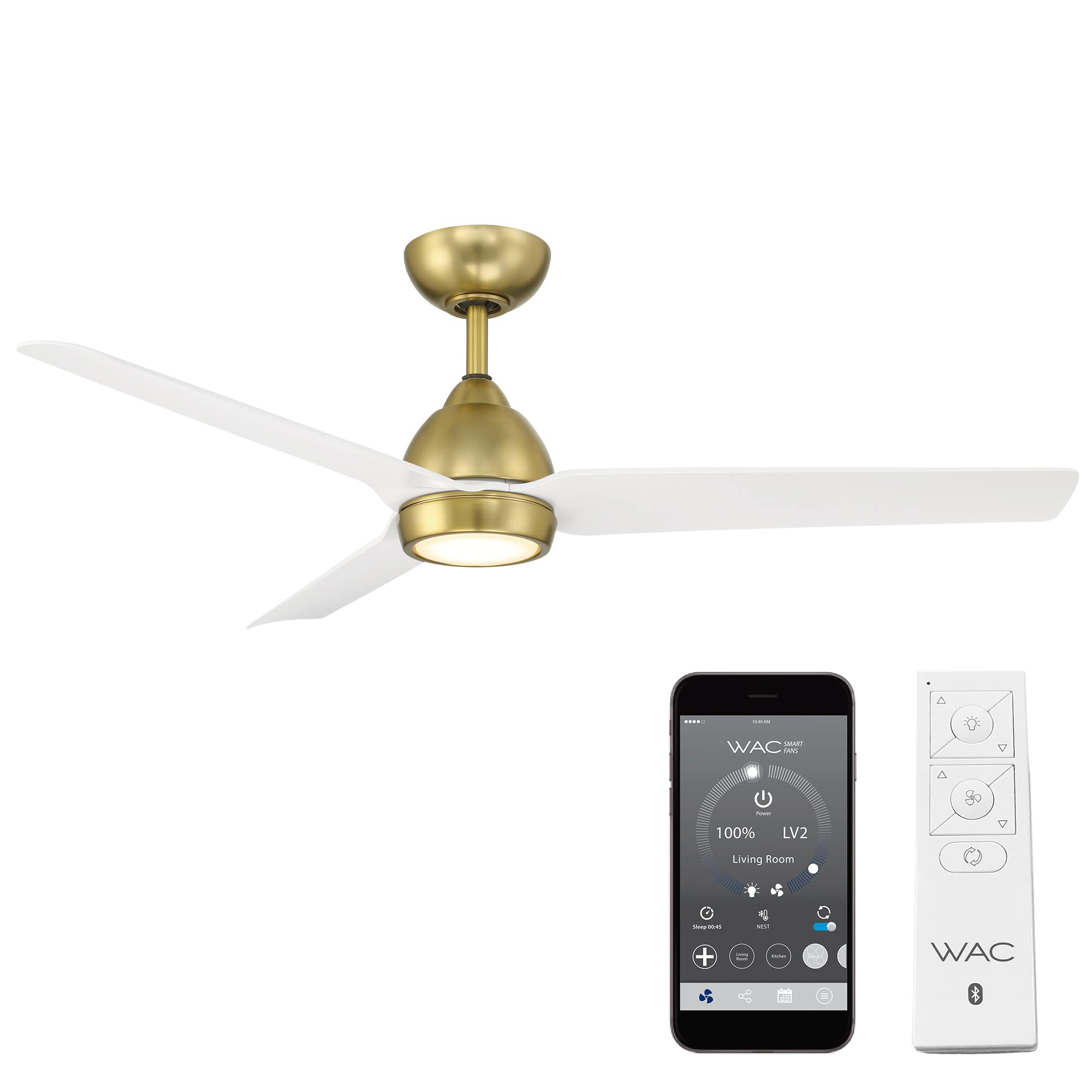 Mocha Indoor and Outdoor 3-Blade Smart Home Ceiling Fan 54in Soft Brass Matte White with 3000K LED Light Kit and Remote Control works with Alexa and iOS or Android App