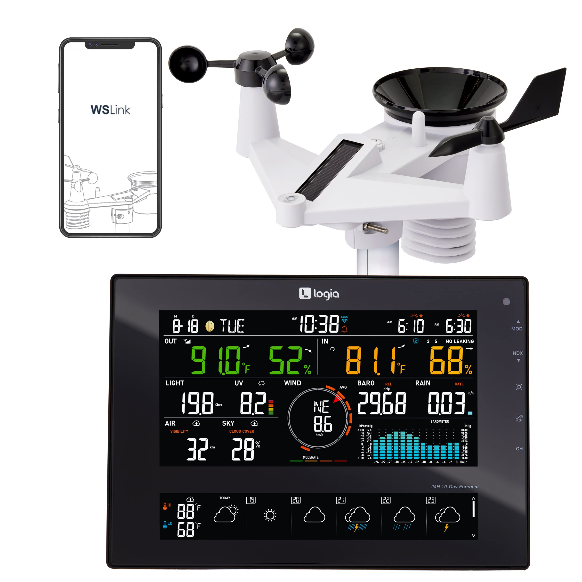 Logia 7-in-1 Wi-Fi Wireless Weather Station with 10-Day / 24 Hour Forecast, Solar & Large 8" Color Display | Measures Wind Speed/Direction, Rainfall, UV Index, Light Intensity, Temperature & Humidity