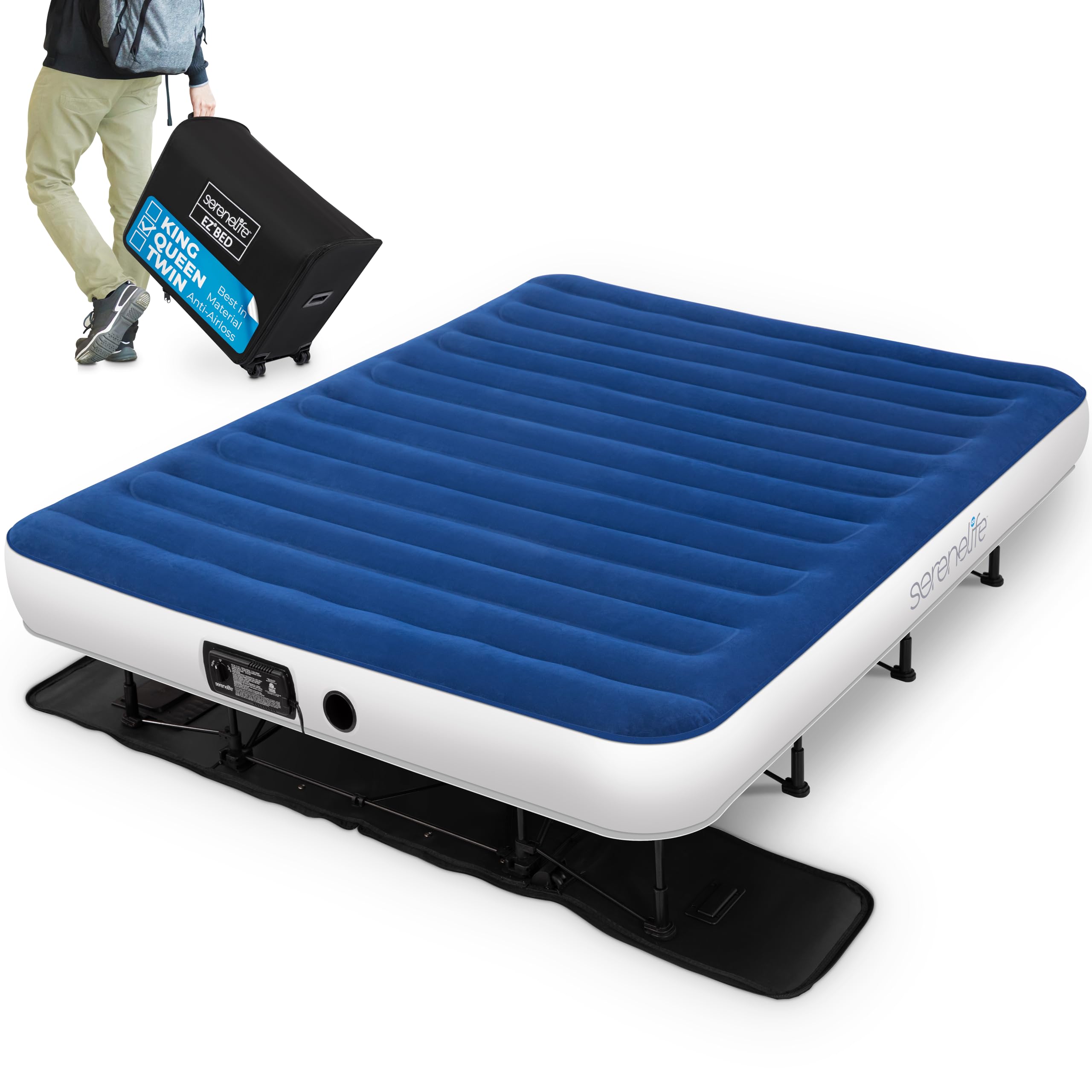 SereneLife EZ Bed Air Mattress with Frame and Rolling Case, Self-Inflating Airbed with Built in Pump for Travel and Hosting, Queen