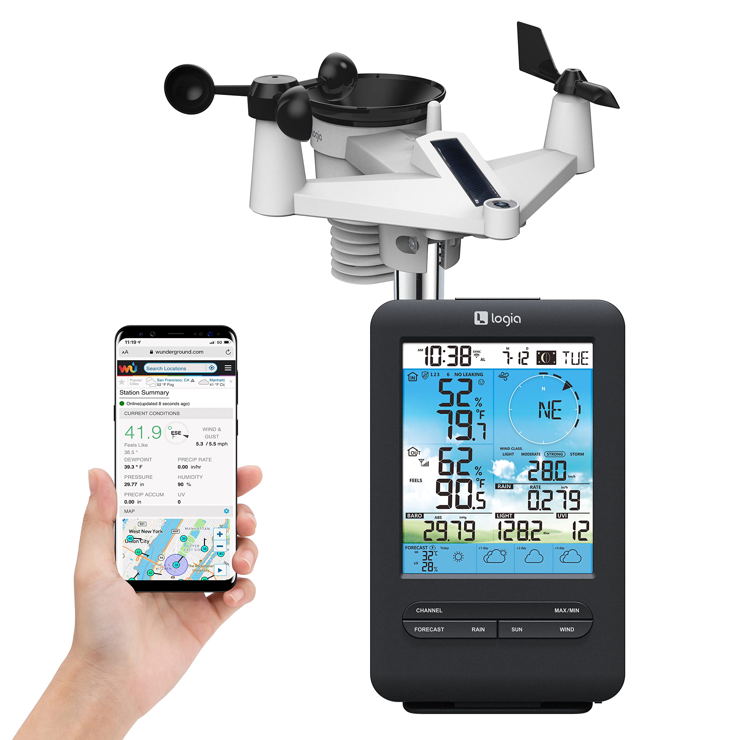Logia 18-in-1 Wireless Weather Station with 7-in-1 Solar Sensor Array & 4-Day Forecast, Wi-Fi & Large Color Display, Wind Speed/Direction, Rainfall, UV Index, Light Intensity, Temperature & Humidity