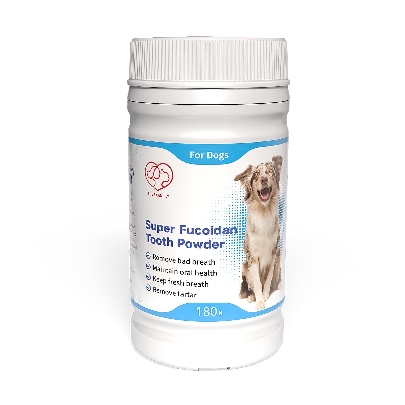 Love Can Fly Dog Teeth Cleaning Powder for Dog, Plaque, Tartar Remover for Oral Health, Eliminates Bad Breath, Natural Ingredients Human Grade Fucoidan Brown Norwegian Kelp Persimmon Tannin 6.4 Oz