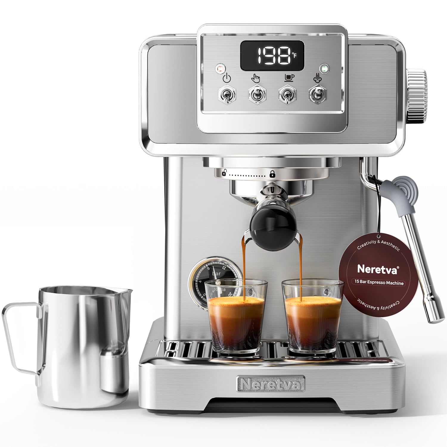 Neretva Espresso Coffee Machine with Pressure Gauge, 15Bar Instant Heating Espresso Machine Beginner-Friendly Espresso Maker Stainless Steel for Home Barista, Latte Machine, Cappuccino Machine