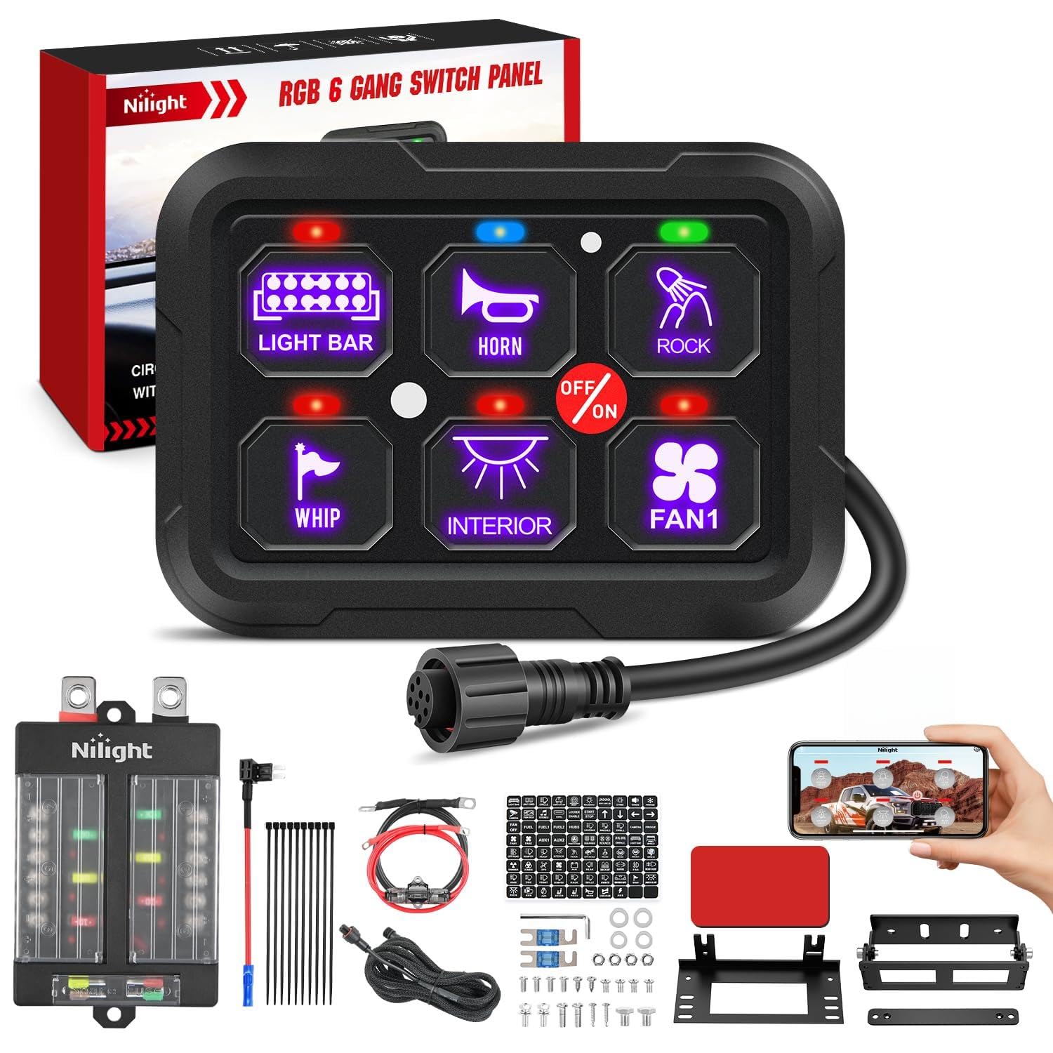 Nilight 6 Gang Switch Panel 12V 24V Universal Circuit Control Relay System with RGB Backlight APP Fuse Wiring Harness Automatic Dimmable ON Off LED Switches Pod for Car Pickup Truck Camper SUV