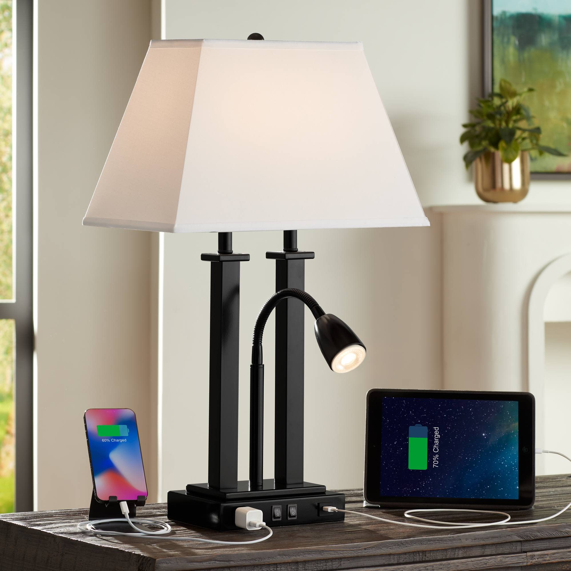 Possini Euro Design Deacon Modern Gooseneck Desk Lamp with USB Charging Port and Outlet 26" High LED Black Metal Oatmeal Linen Fabric Shade for Living Room Bedroom House Bedside Nightstand Office