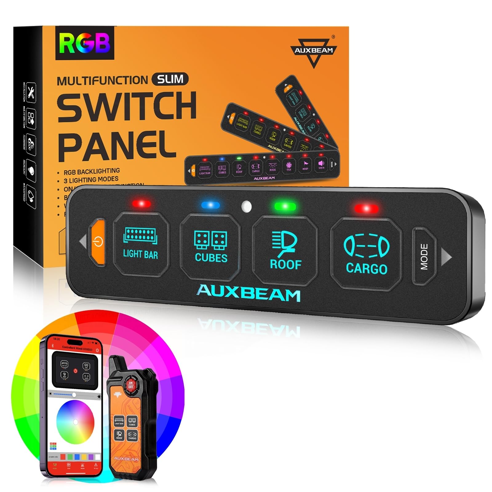 Auxbeam 4 Gang Slim Switch Panel Bluetooth RGB AS-400 with APP&Remote Control Toggle Momentary Pulsed Switch Pod Off Backlight for Truck Offroad UTV ATV Car Marine 12-24V Waterproof, 2 Years Warranty