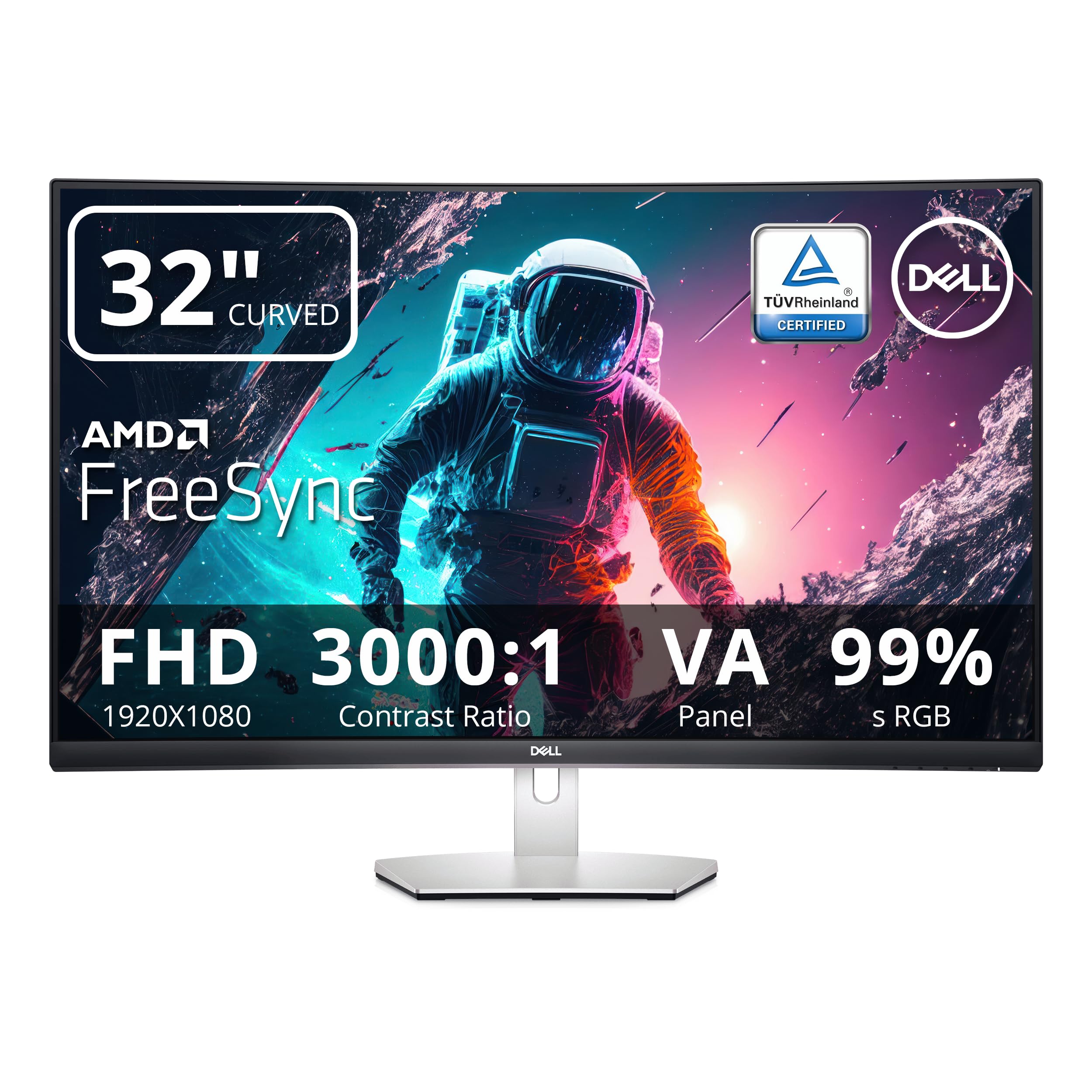 Dell S3222HN 32" FHD Curved Monitor, 75Hz AMD FreeSync Display, 3000:1 Contrast Ratio, 99% sRGB Coverage, Tilt Adjustment, 4 ms Response Time, VA Panel, HDMI, Silver