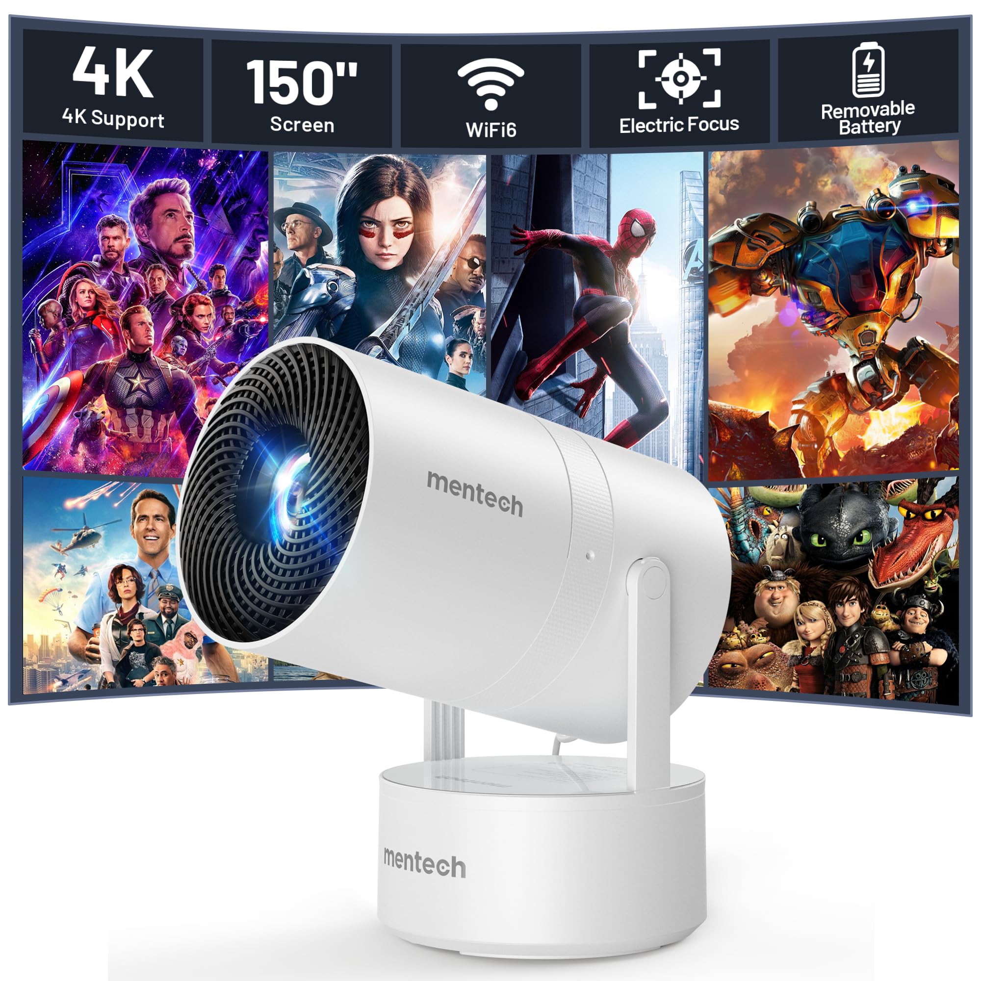 Mini Projector with WiFi and Bluetooth, 4K Decoding, 1080P Supported, 270 Rotatable, 150'' Screen, Auto Keystone, Home & Outdoor, Portable, Smart Projector, White