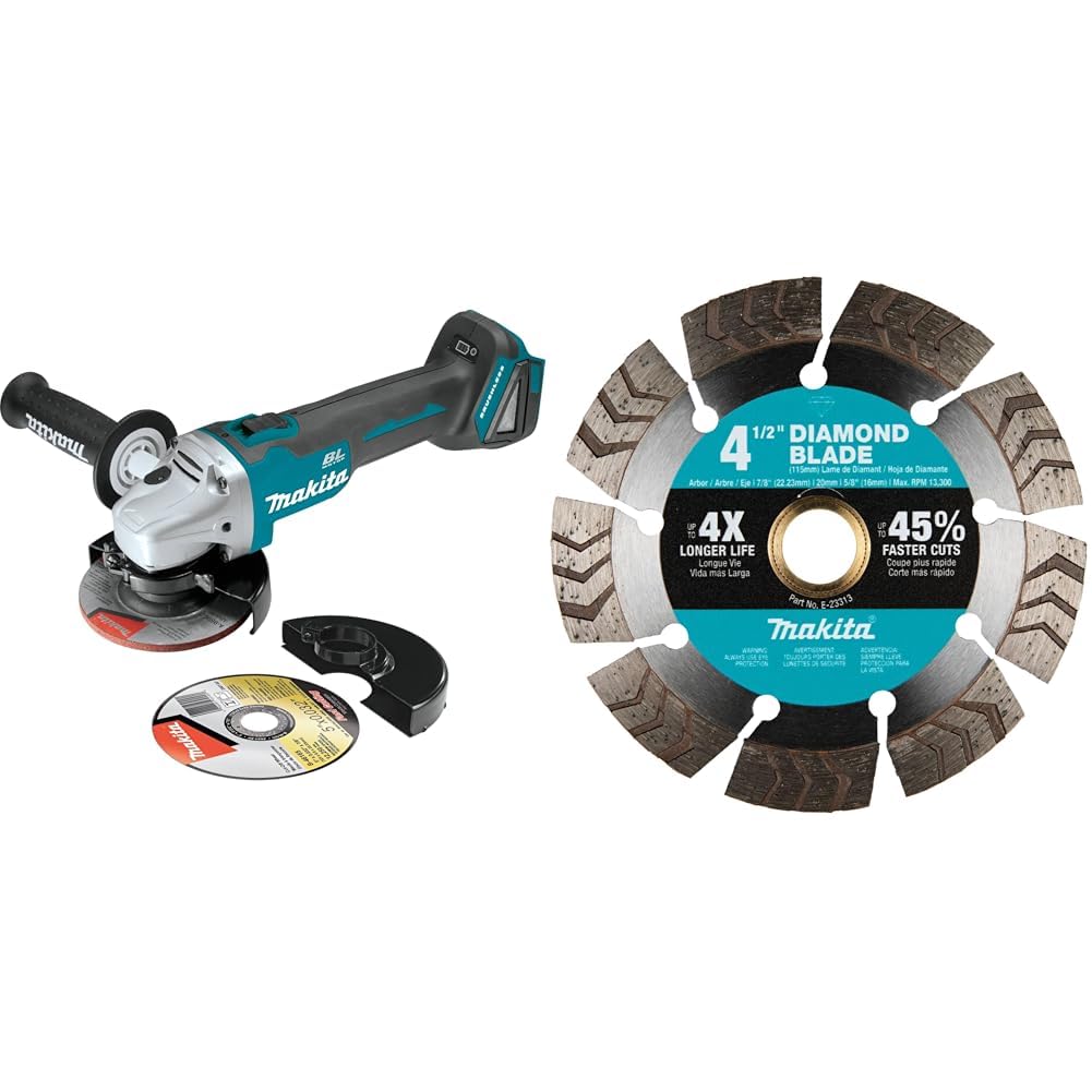 Makita XAG04Z 18V LXT® Lithium-Ion Brushless Cordless 4-1/2” / 5" Cut-Off/Angle Grinder, Tool Only with E-23313 4-1/2" Diamond Blade, Segmented Turbo, General Purpose