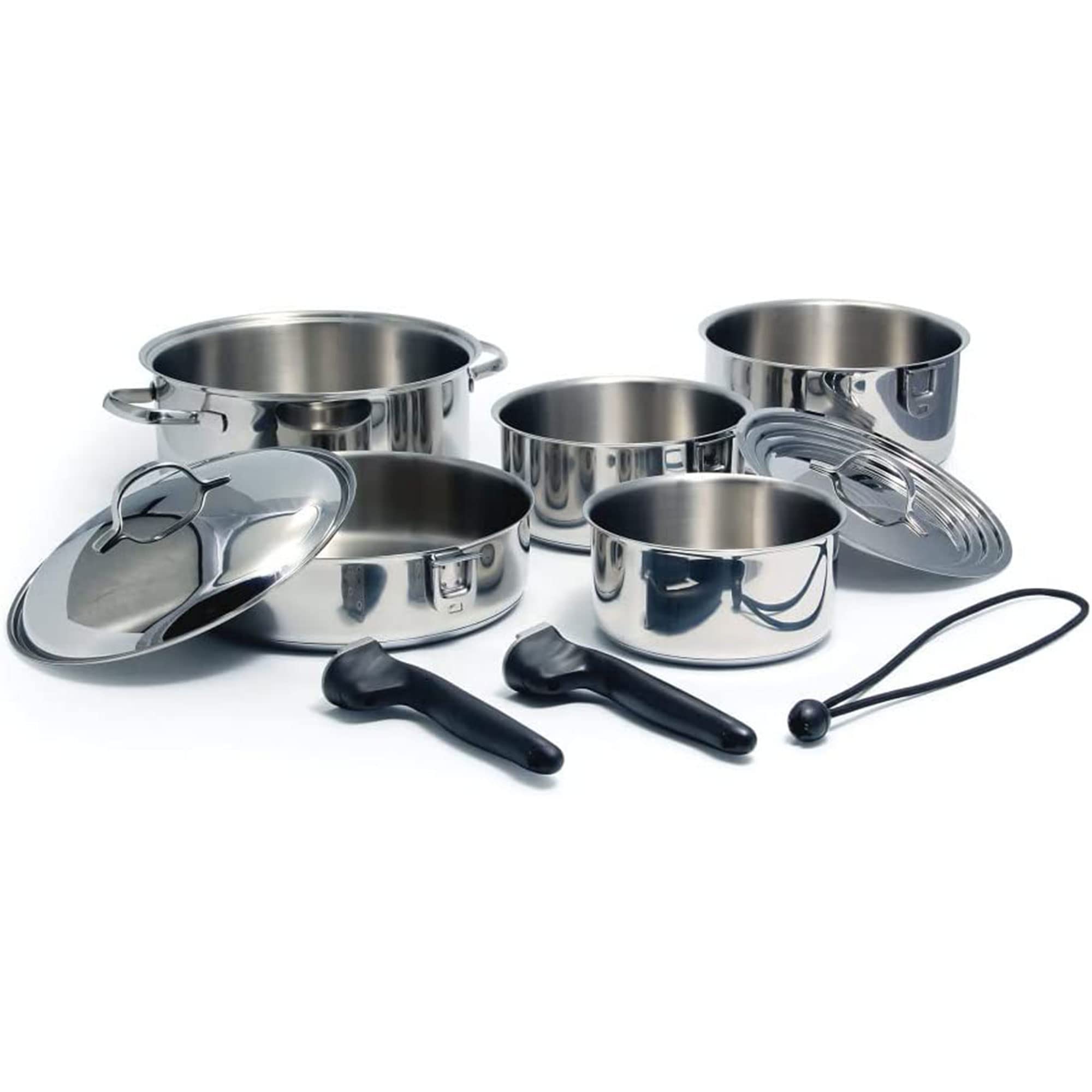 Camco 10 Piece Stainless Steel Cookware Nesting Pots and Pans Set w/Lids, Detachable Handles & Storage Strap for Camping, Tailgating, Boat, and RV
