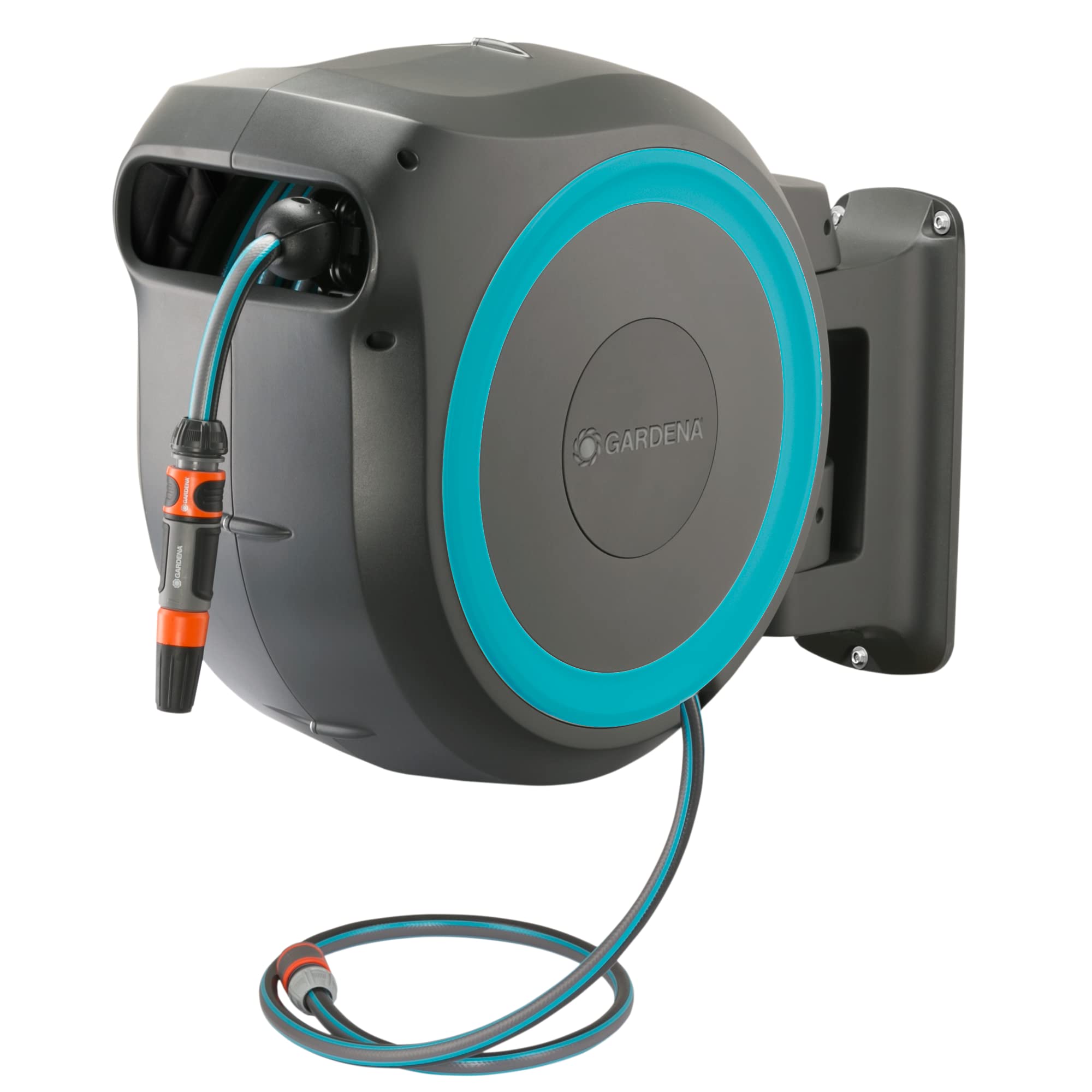 GARDENA (18630) Retractable Garden Hose Reel 115' x 1/2" Wall Mounted, Automatic Retraction & Length Lock for Easy Watering. Heavy Duty Swivel Bracket 180°, Includes Nozzle. Made in Europe