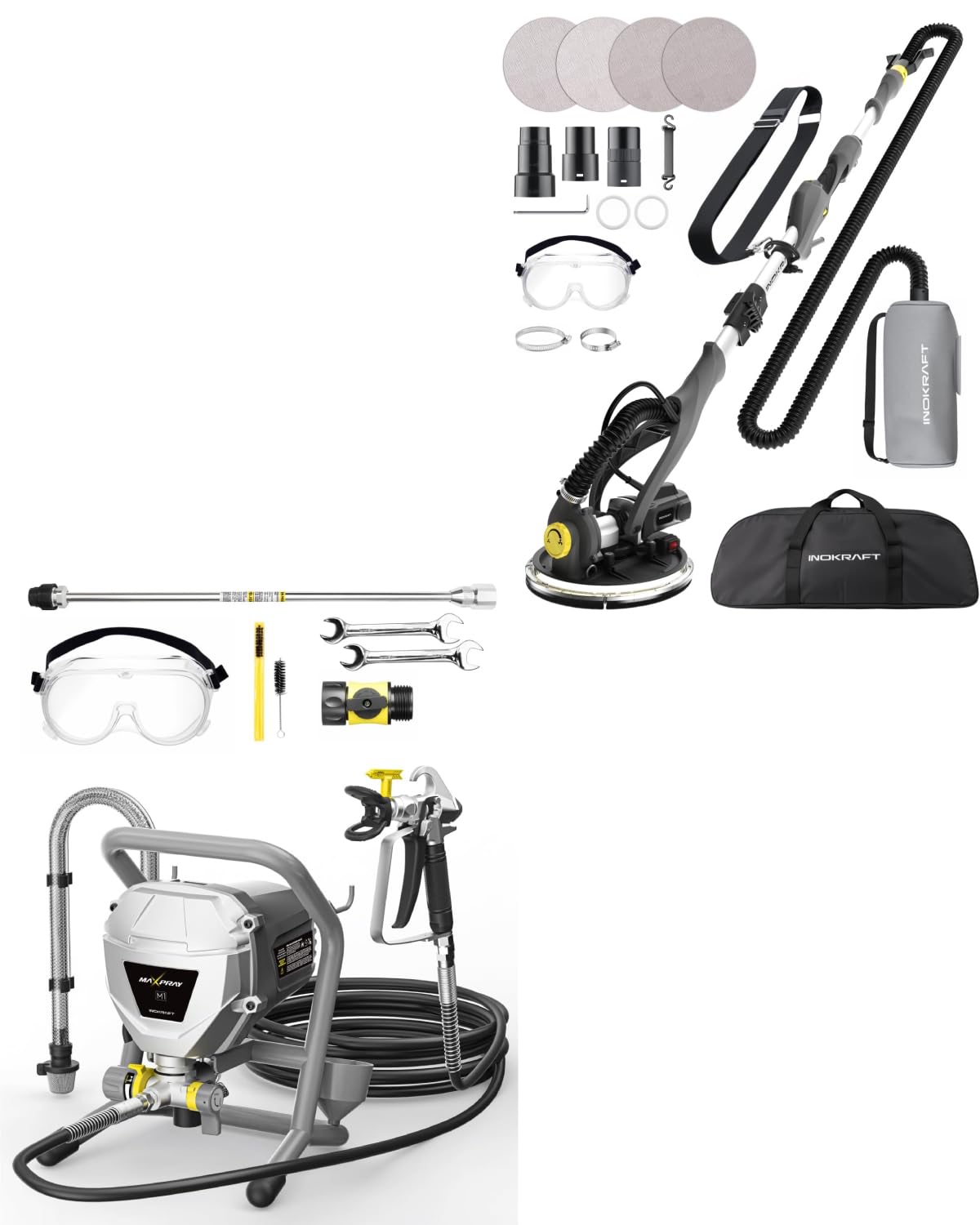 InoKraft MaXpray M1 Airless Paint Sprayer, Drywall Sander with Vacuum Dust Collector, 820W DIY Popcorn Ceiling Removal Tool with Shoulder Strap, for DIY Projects Home Interior & House Exterior