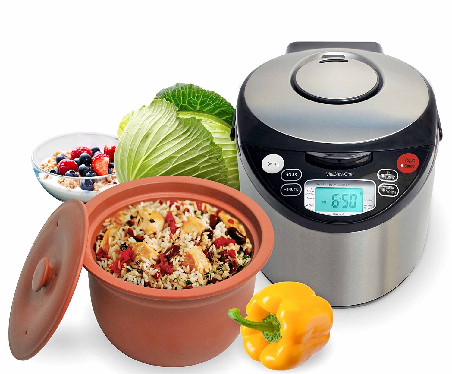 VitaClay Smart Organic Clay Pot Multi Cooker - Toxin Free Clay Rice Cooker, Delay Start Slow Cooker, Stew Cooker, Electric Soup Pot, Yogurt Maker, with Natural Earthen Clay Crock, 6 Cup / 3.2-Quart