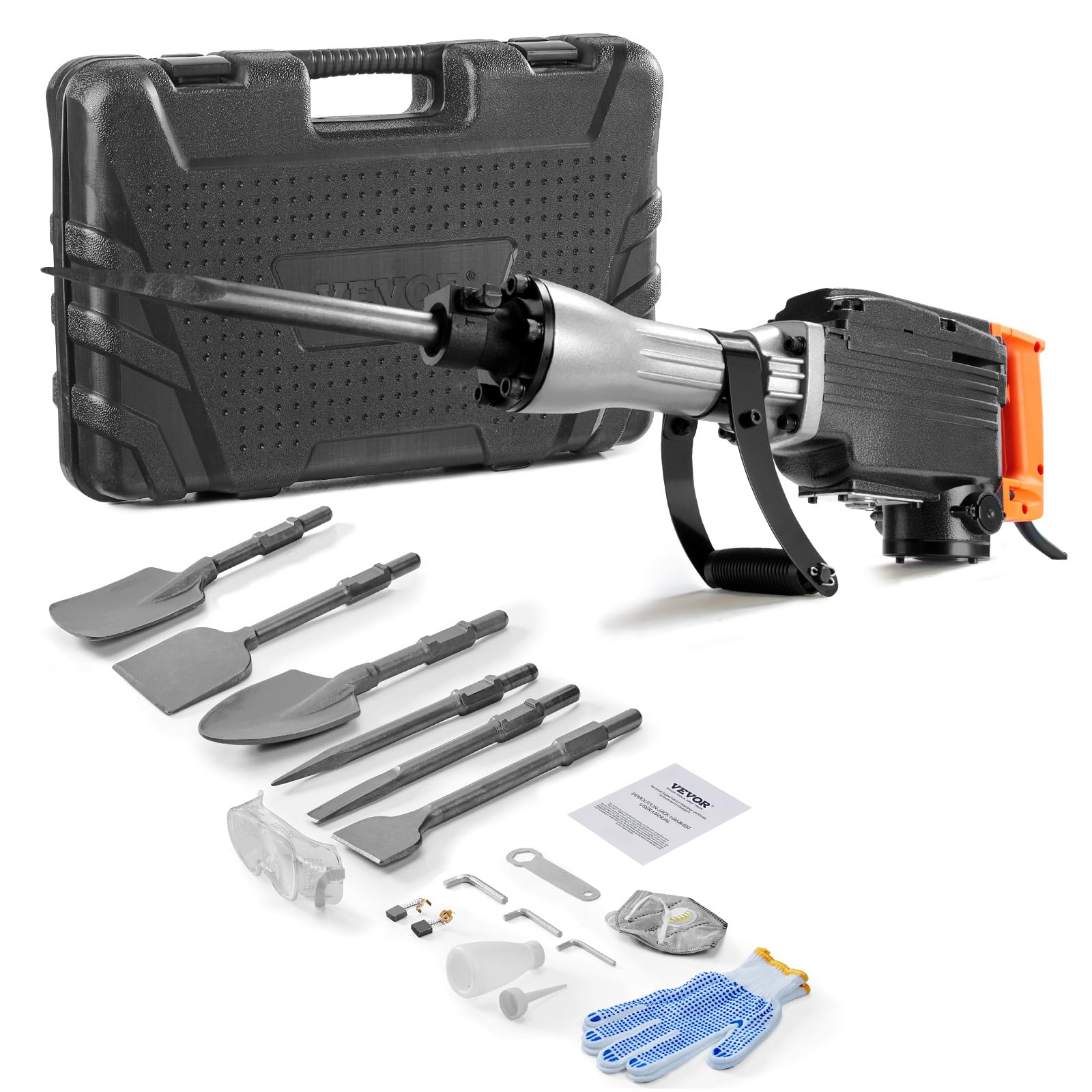 VEVOR Demolition Jack Hammer, 1350 BPM Concrete Breaker 6pcs Chisels Bit Chipping with Case, 2200W Electric Jackhammer Heavy Duty, Black