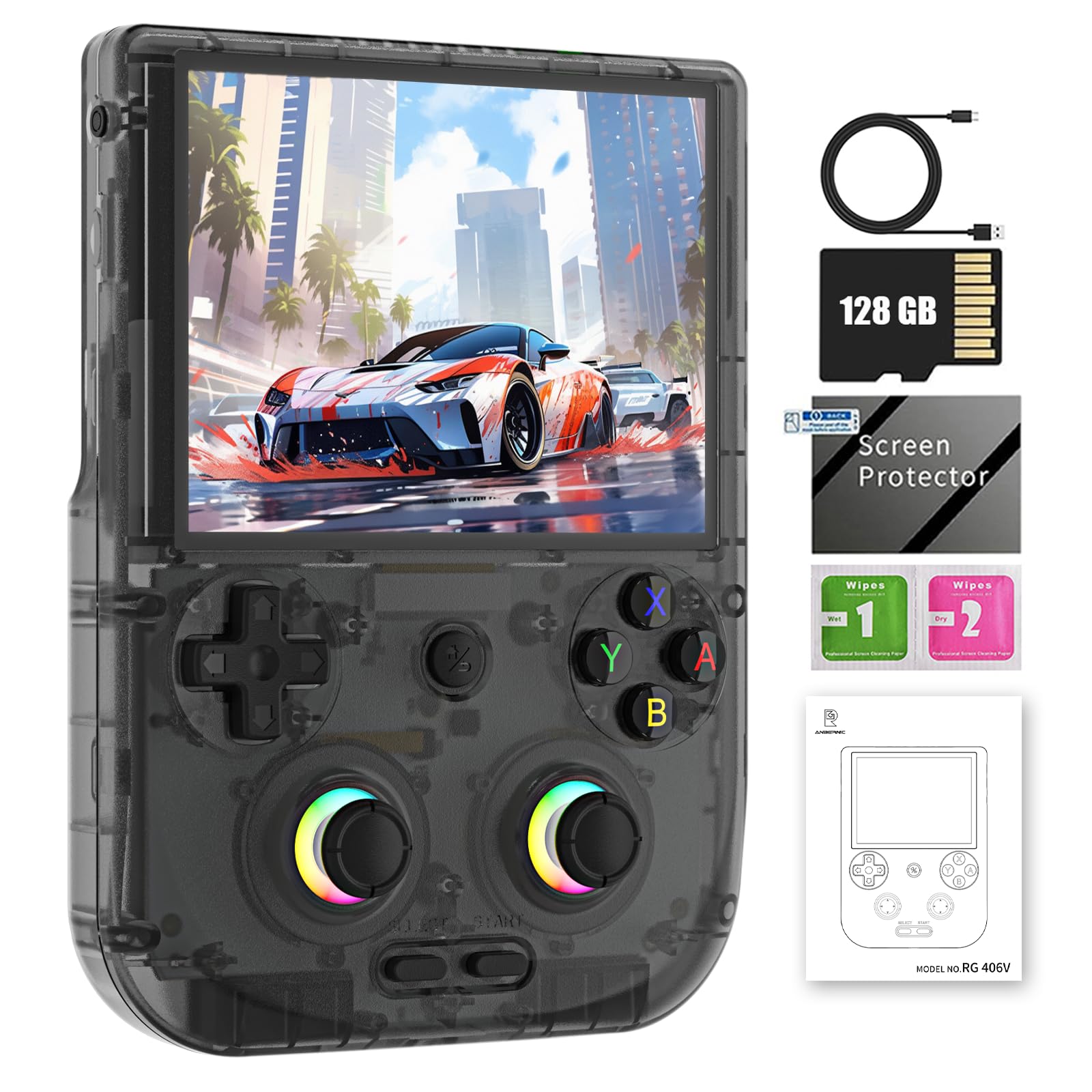 RG406V Handheld Game Console Preloaded Games RG 406V 4-inch IPS Multi-touch Screen Retro Game Console 128G UFS2.2 Android 13 Retro Emulator RG406V 5500mAh Battery 1080p DP Output WIFI Bluetooth Black