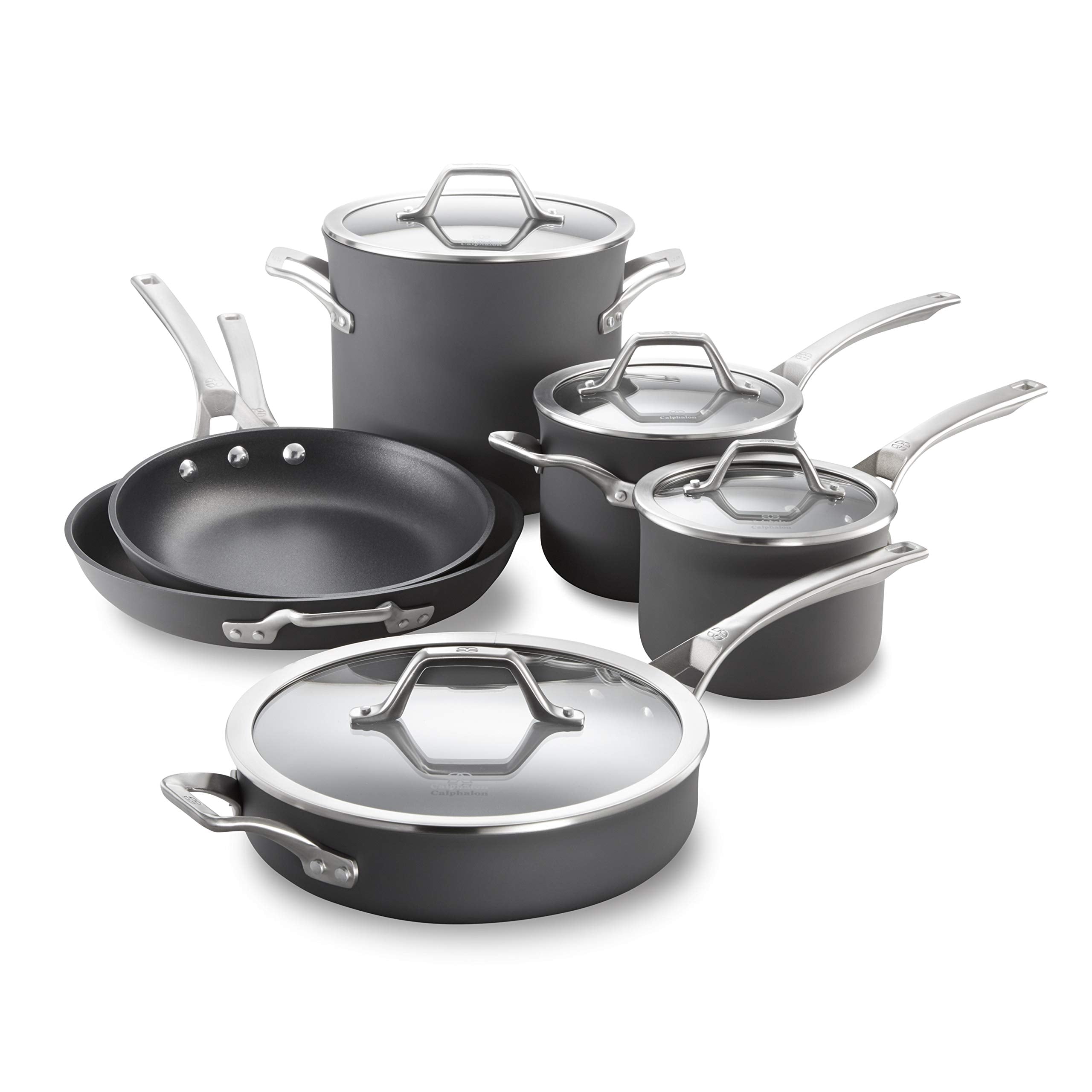 Calphalon 10-Piece Nonstick Kitchen Cookware Set, Stay-Cool Stainless Steel Handles, Dishwasher and Metal Utensil Safe, Oven-Safe up to 500 degrees F, PFOA-Free, Built to Last, Black
